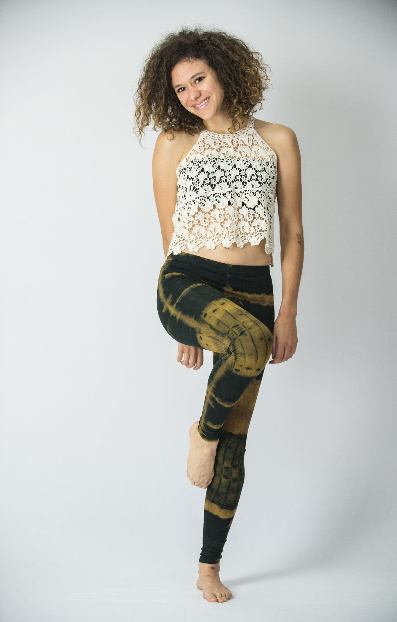 Patch Dye Tie Dye Cotton Leggings in Greenish Black/Tan