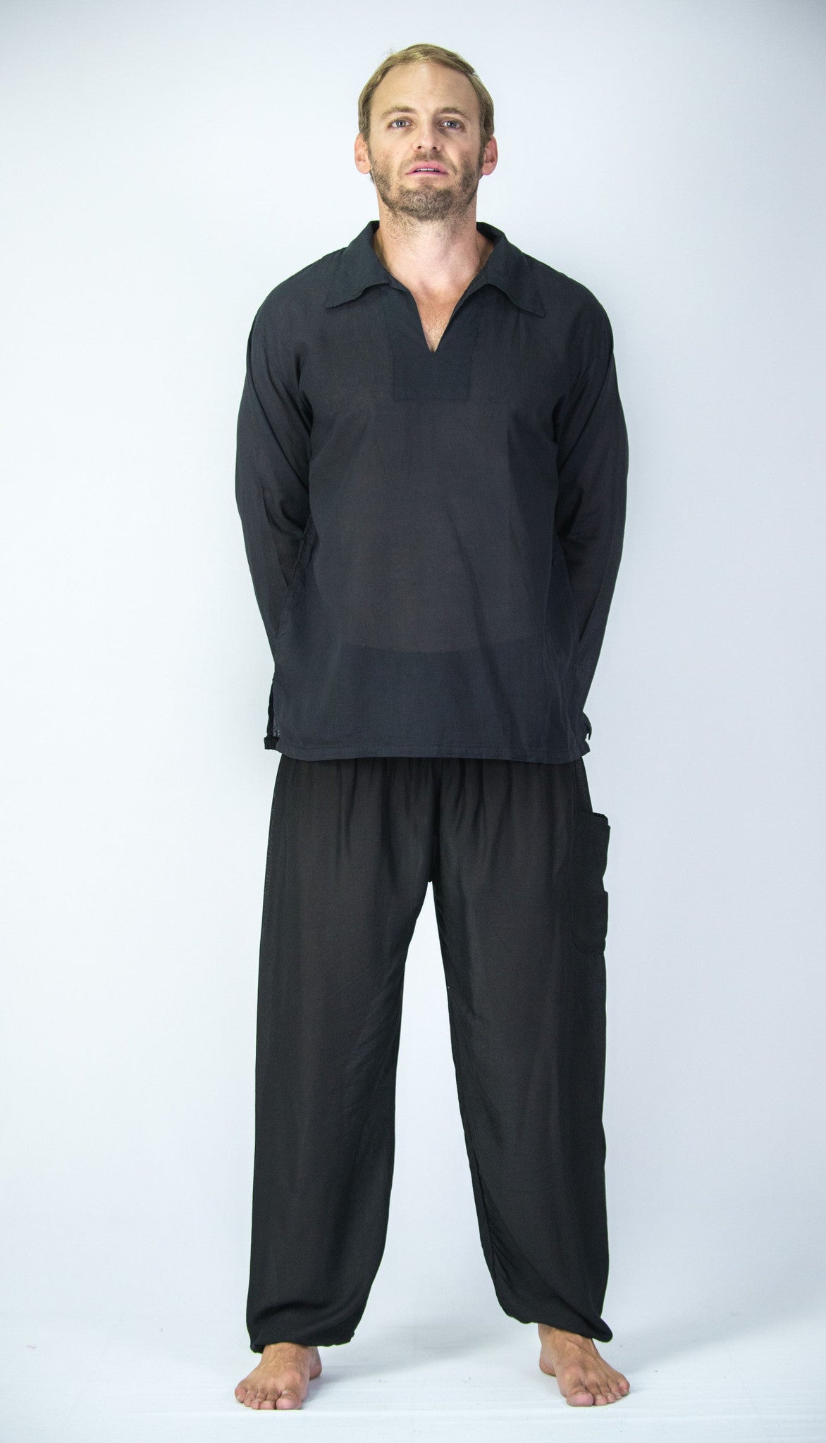 Mens Yoga Shirts Collar V Neck in Black
