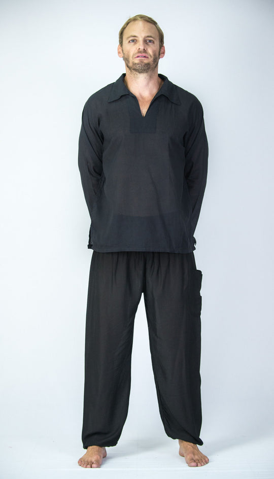 Mens Yoga Shirts Collar V Neck in Black
