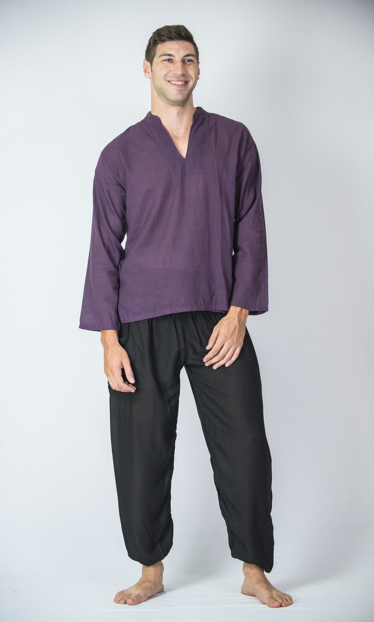 Mens Yoga Shirts Nehru Collared in Purple