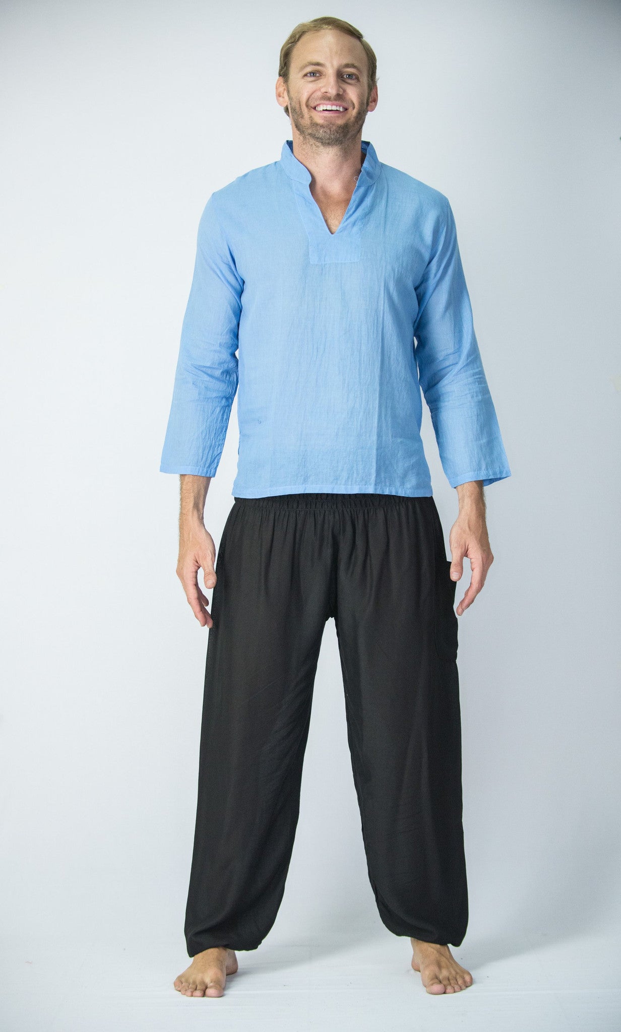 Mens Yoga Shirts Nehru Collared in Blue M / Blue