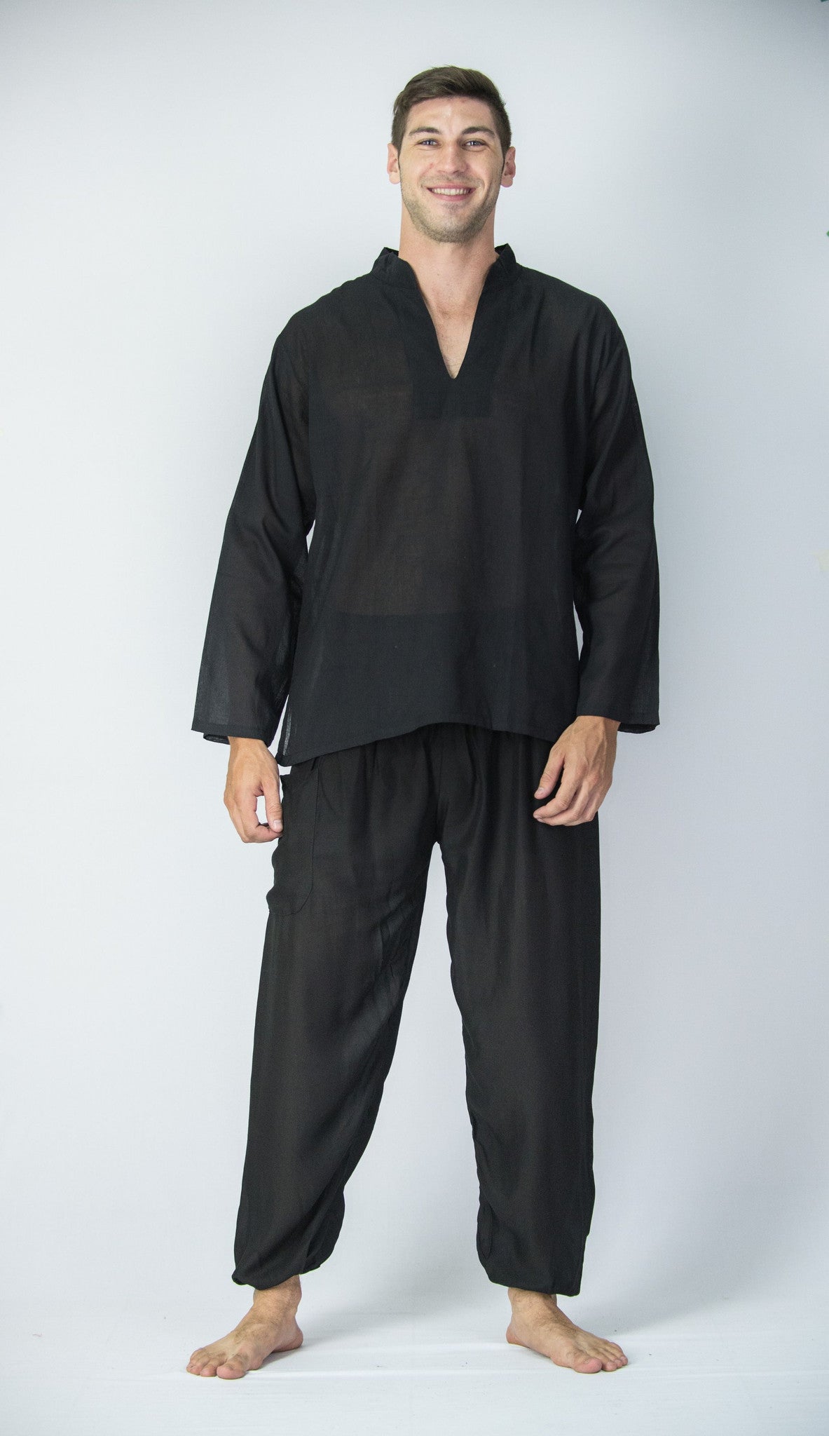 Mens Yoga Shirts Nehru Collared in Black