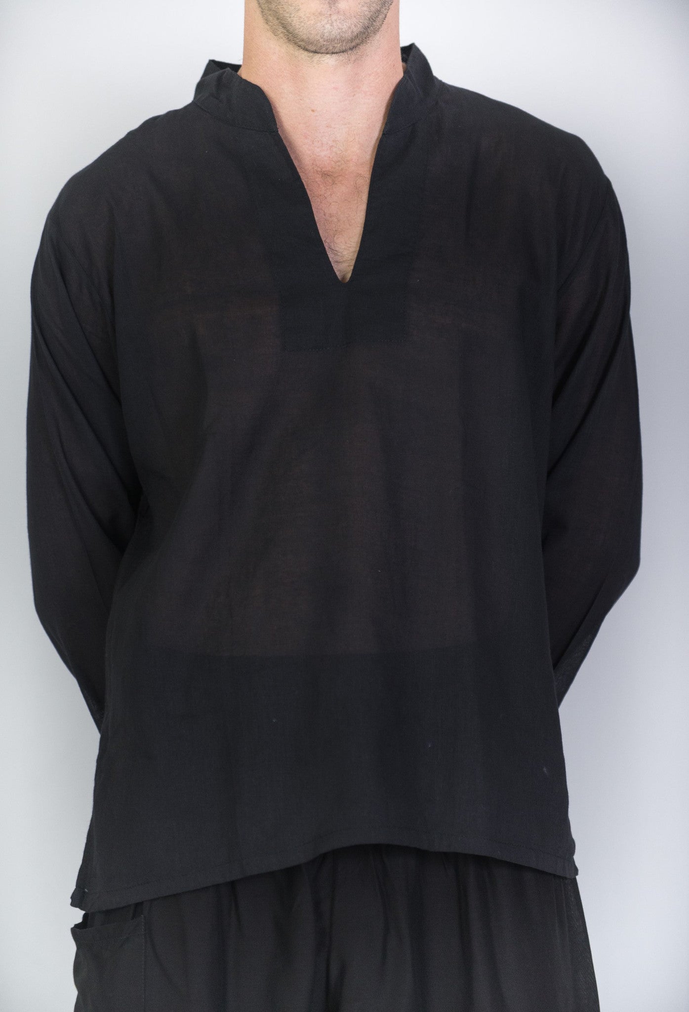 Mens Yoga Shirts Nehru Collared in Black