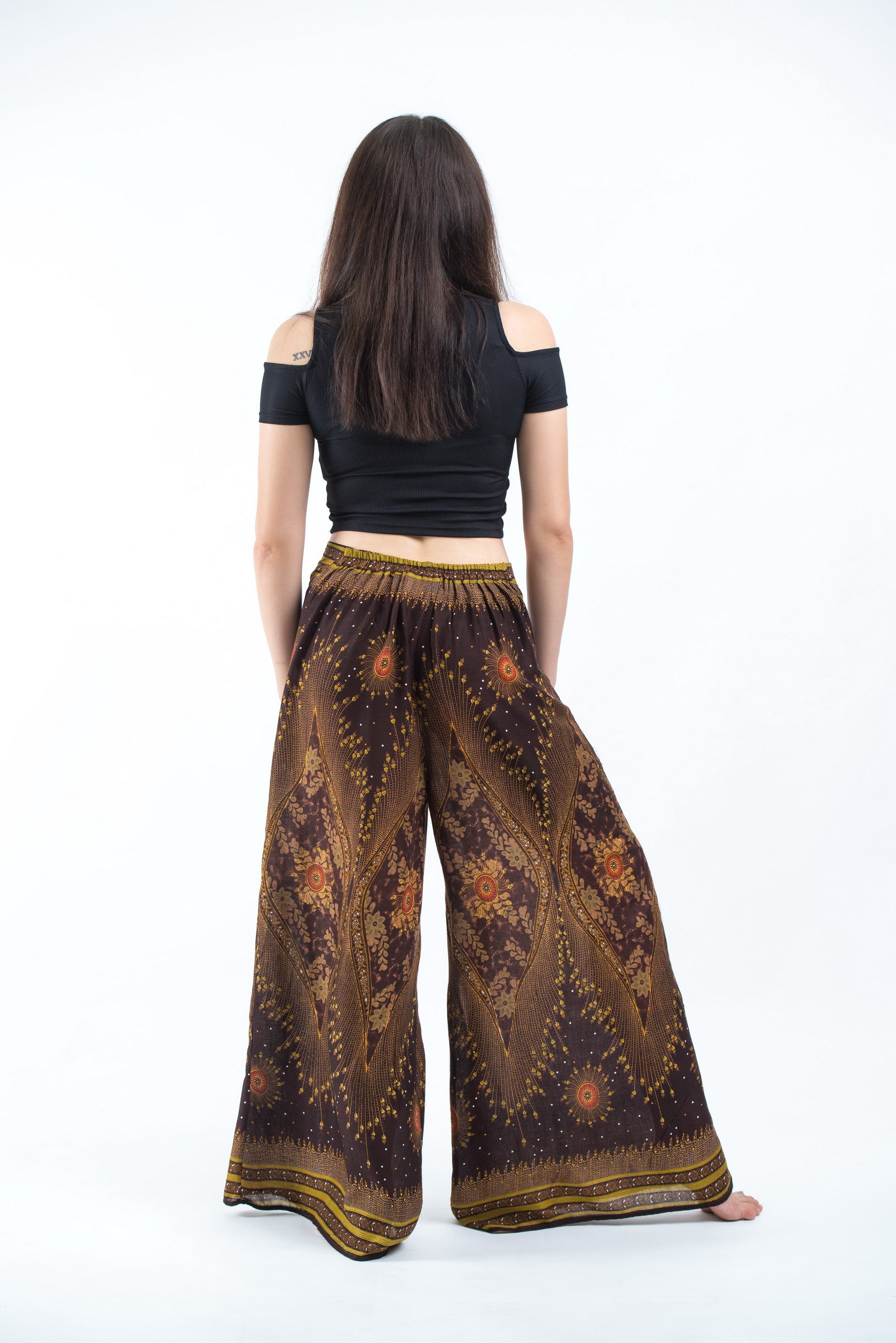 Peacock Eyes Palazzo Style Harem Pants in Brown Gold