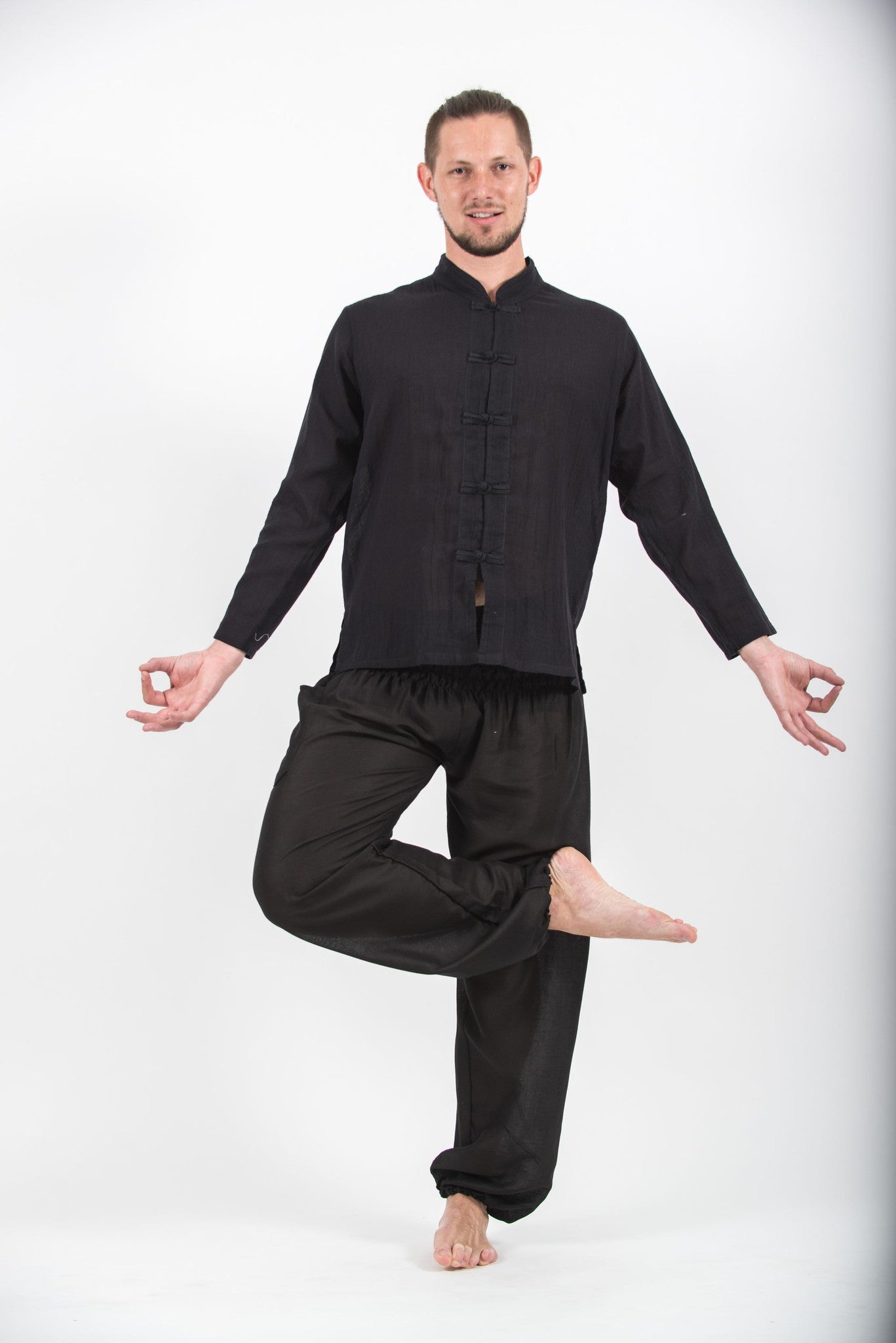 Mens Yoga Shirts Chinese Collared in Black M / Black