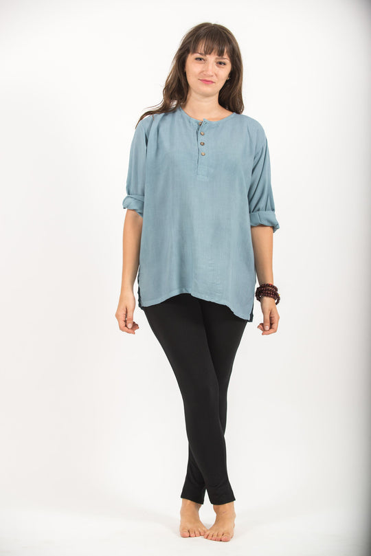 Womens Yoga Shirts No Collar with Coconut Buttons in Aqua