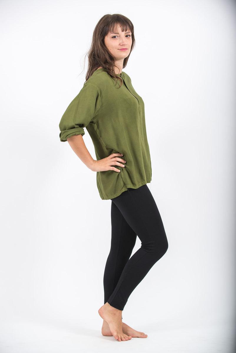 Womens Yoga Shirts No Collar with Coconut Buttons in Olive – Harem Pants