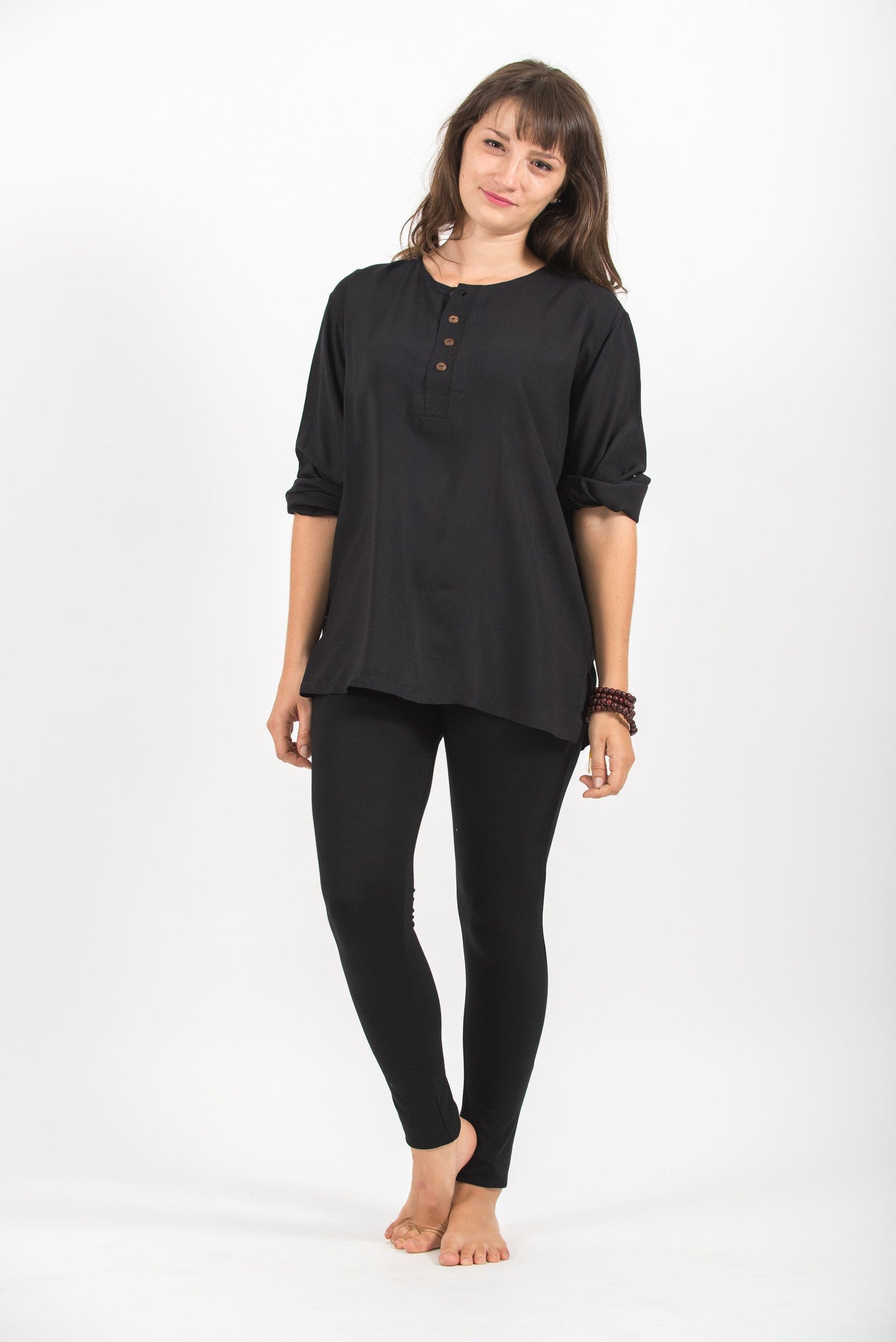 Womens Yoga Shirts No Collar with Coconut Buttons in Black
