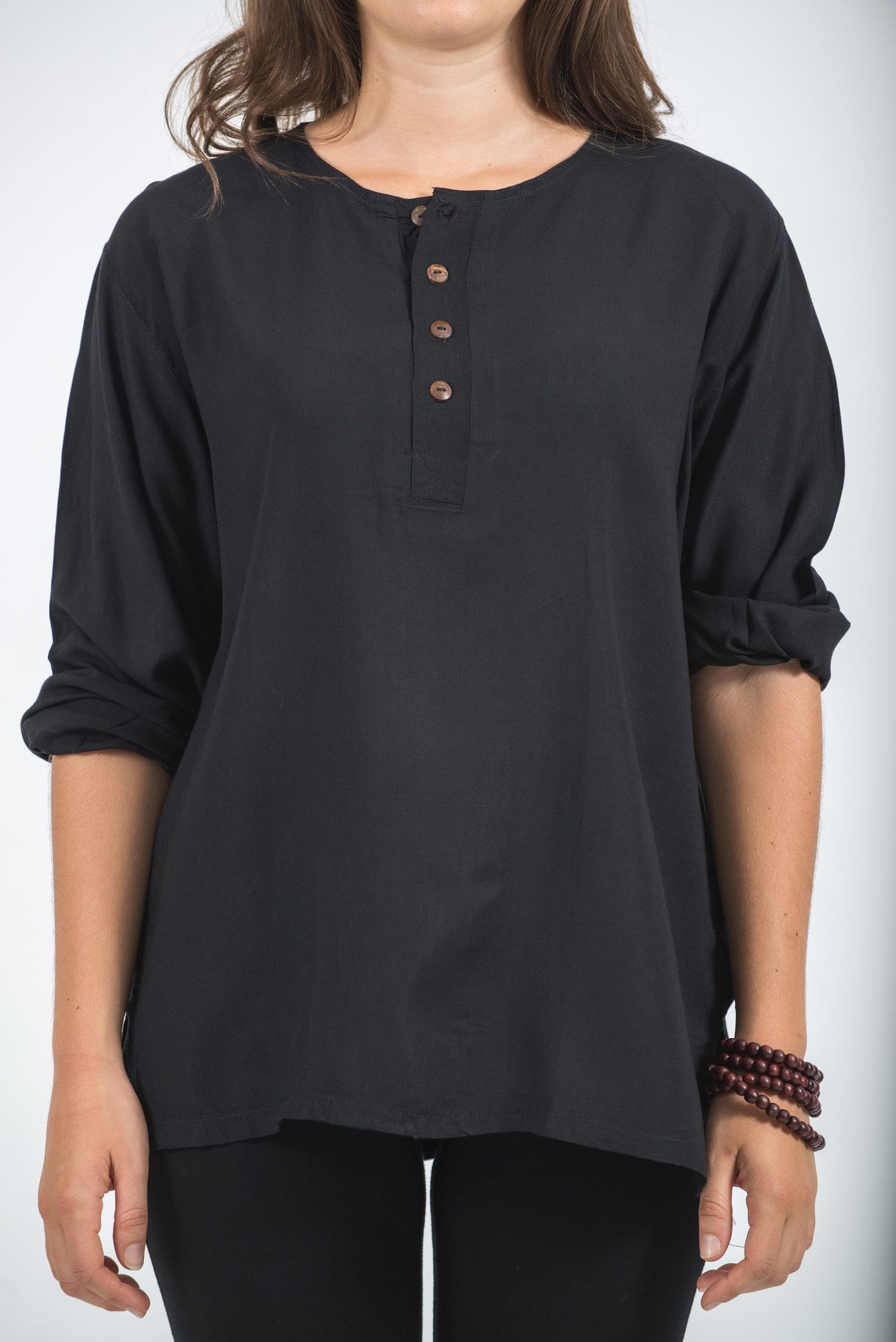 Womens Yoga Shirts No Collar with Coconut Buttons in Black