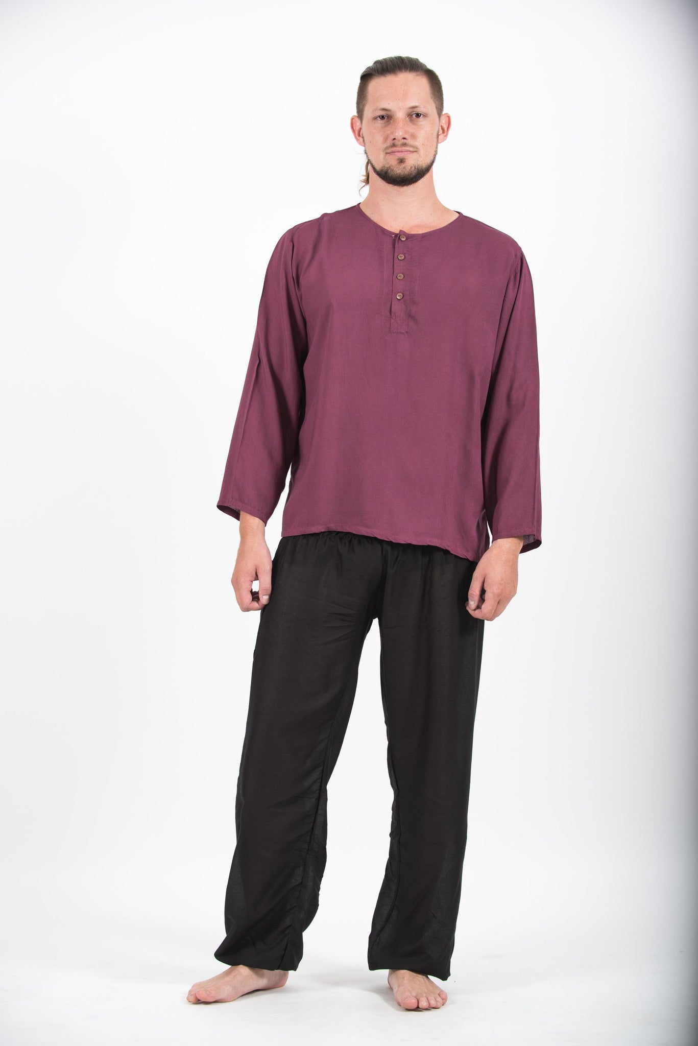 Mens Yoga Shirts No Collar with Coconut Buttons in Purple