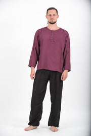 Mens Yoga Shirts No Collar with Coconut Buttons in Purple