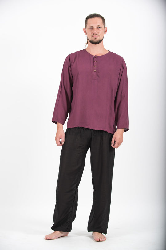 Mens Yoga Shirts No Collar with Coconut Buttons in Purple