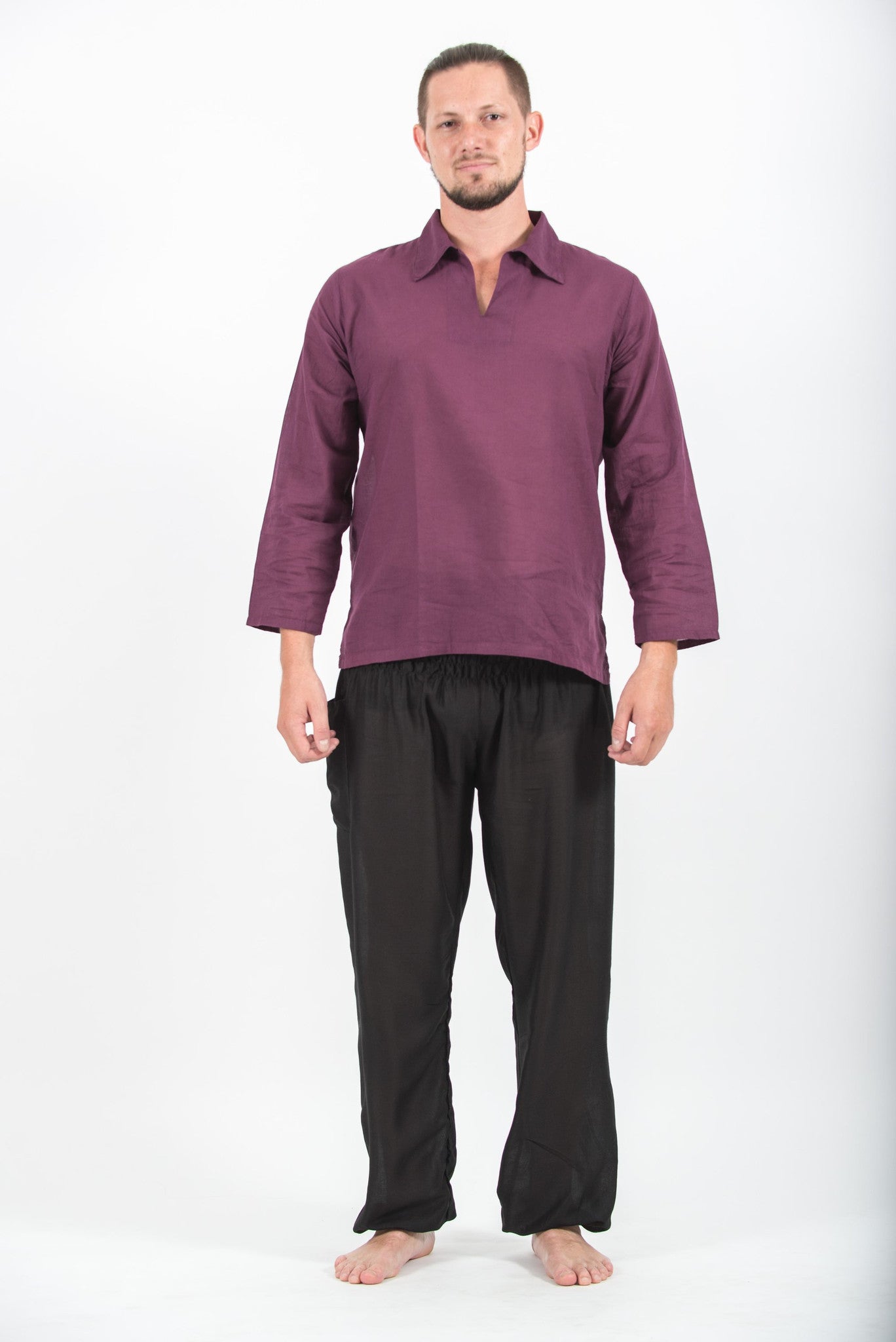 Mens Yoga Shirts Collar V Neck in Purple