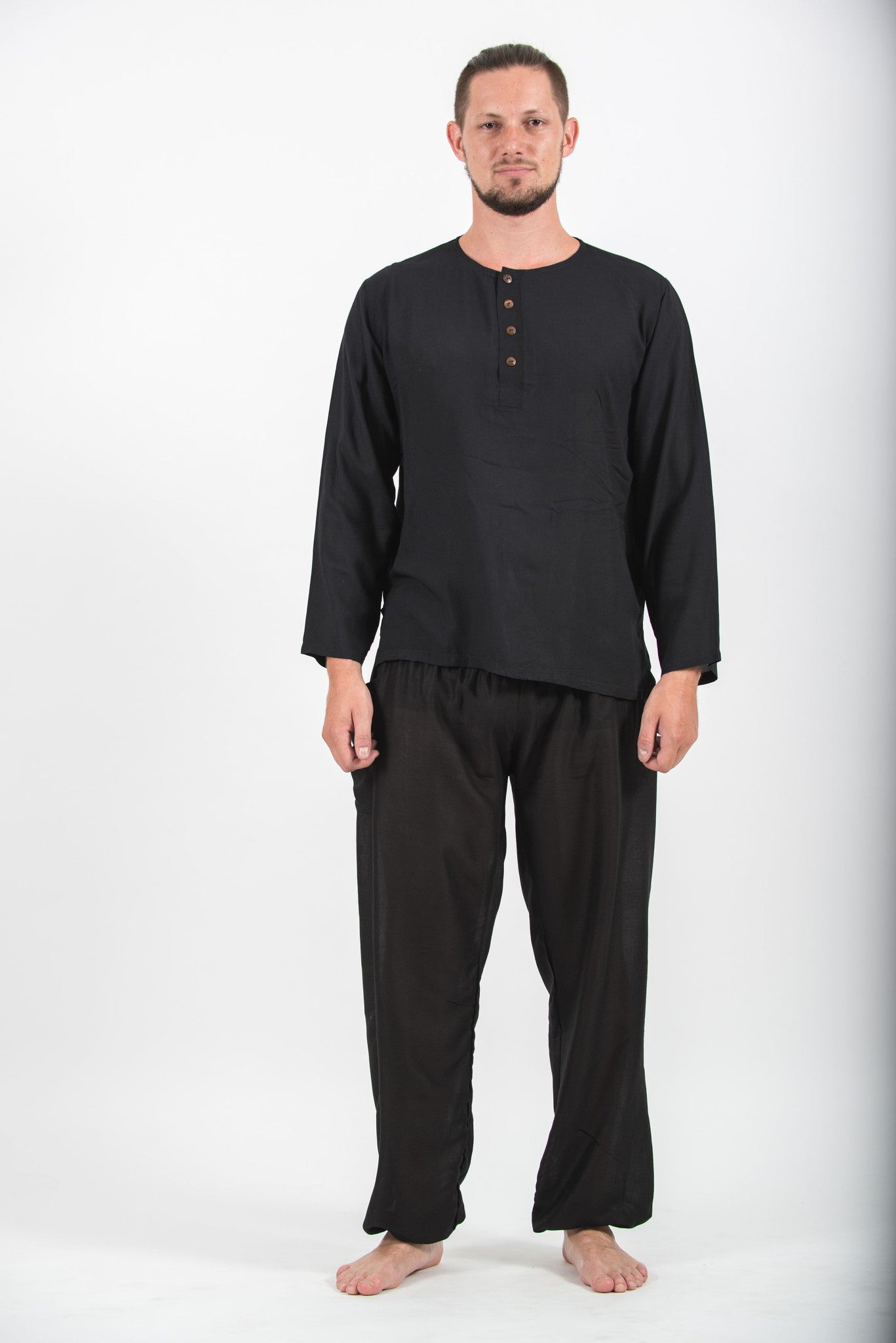 Mens Yoga Shirts No Collar with Coconut Buttons in Black