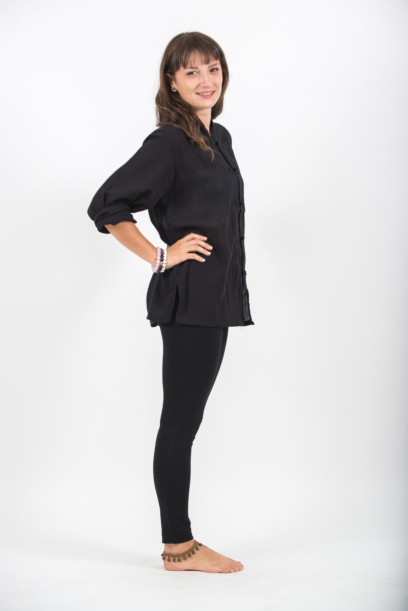 Womens Yoga Shirts Chinese Collared in Black