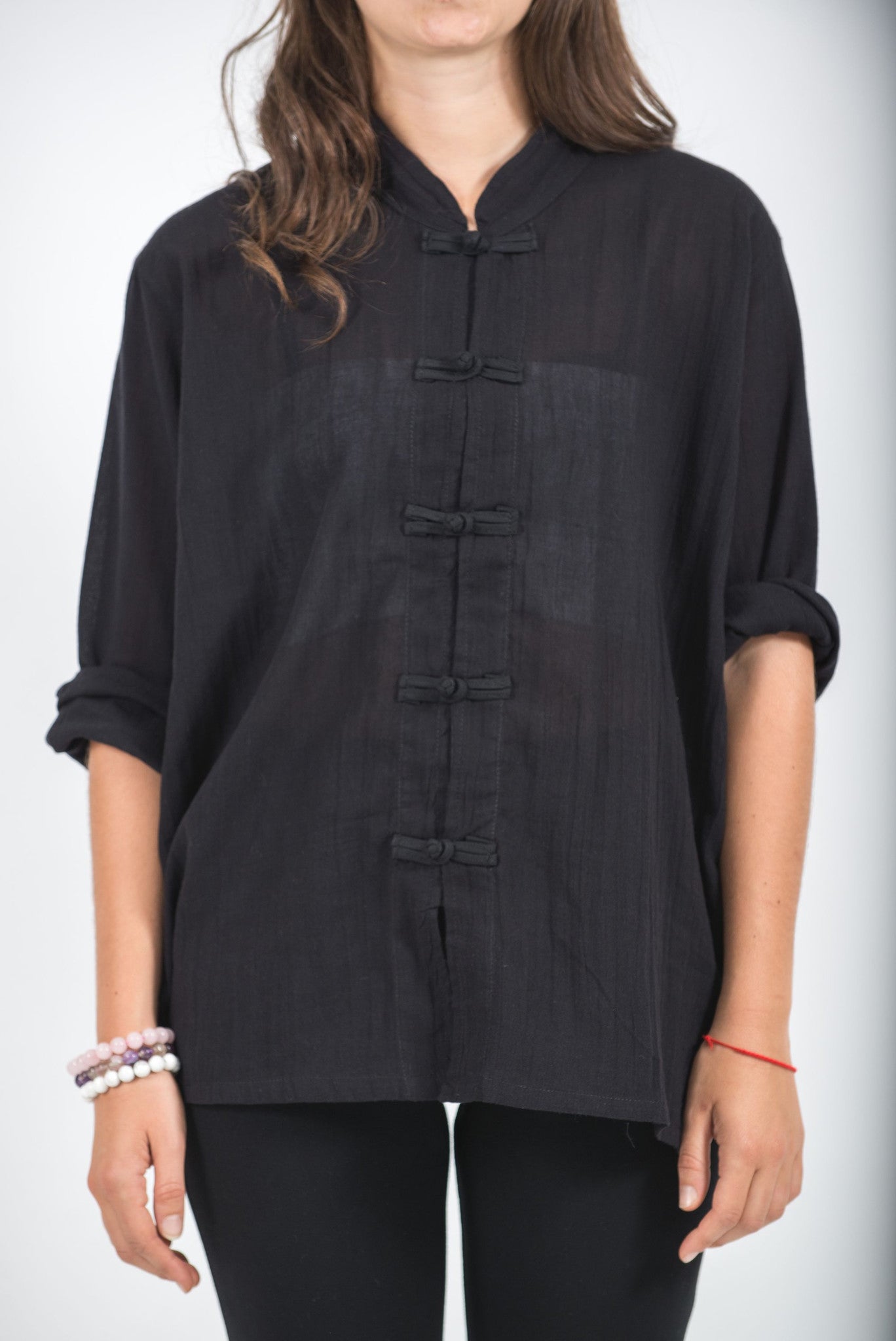 Womens Yoga Shirts Chinese Collared in Black