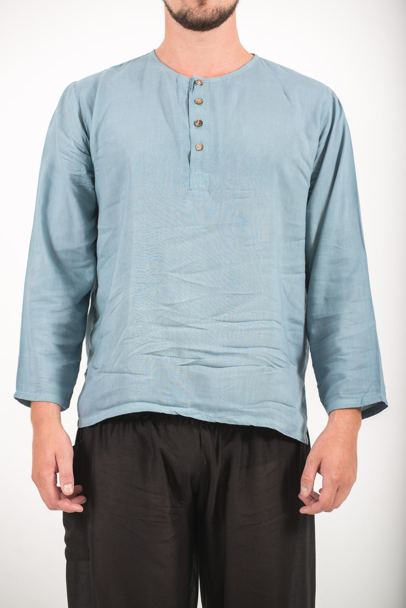 Mens Yoga Shirts No Collar with Coconut Buttons in Aqua