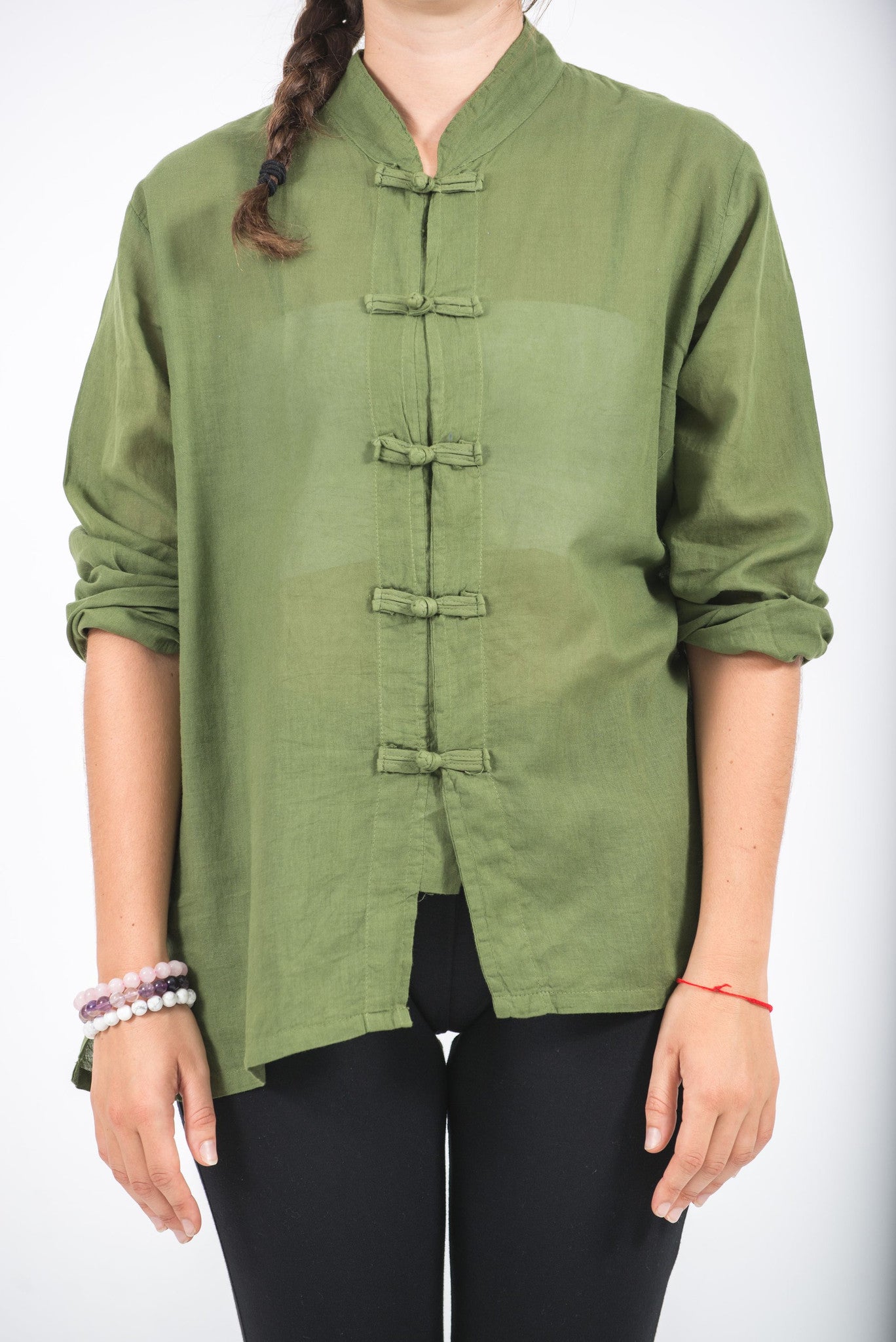 Womens Yoga Shirts Chinese Collared in Olive