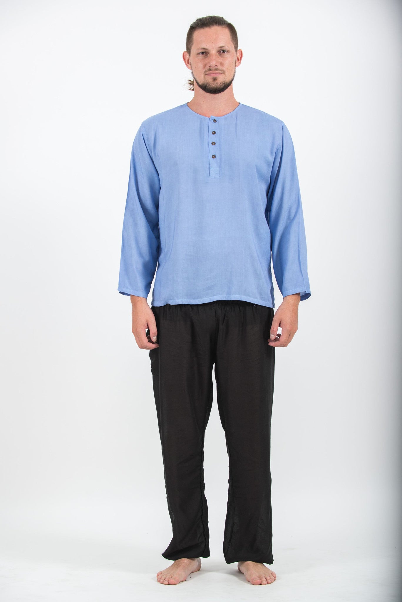 Mens Yoga Shirts No Collar with Coconut Buttons in Blue – Harem Pants