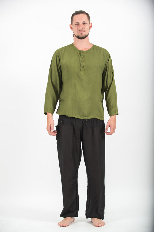 Mens Yoga Shirts No Collar with Coconut Buttons in Olive