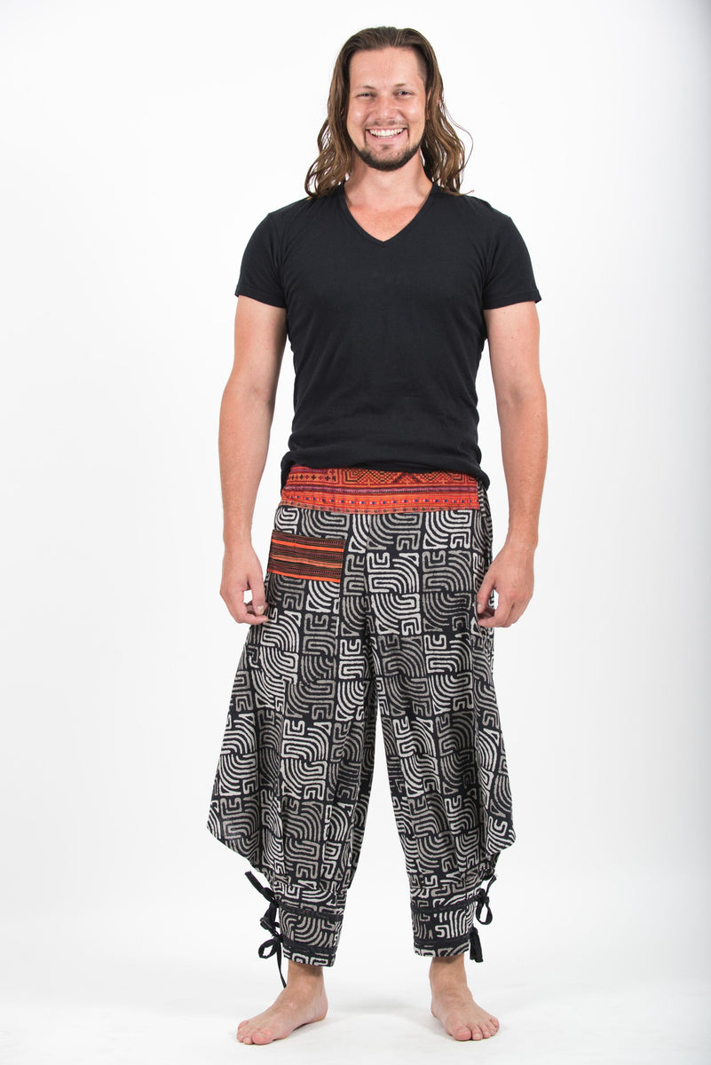 Maze Prints Thai Hill Tribe Fabric Men's Harem Pants with Ankle Straps