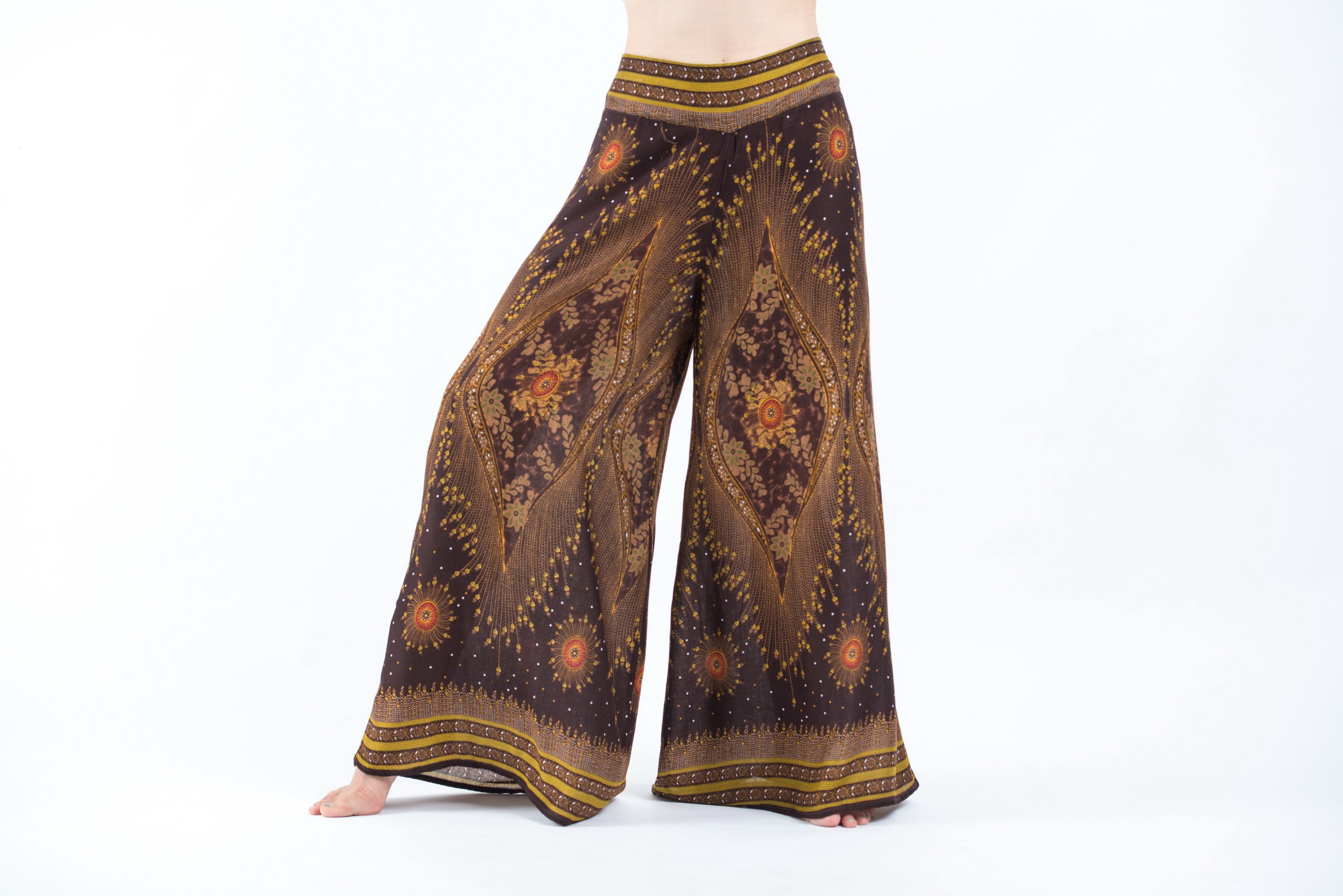 Peacock Eyes Palazzo Style Harem Pants in Brown Gold