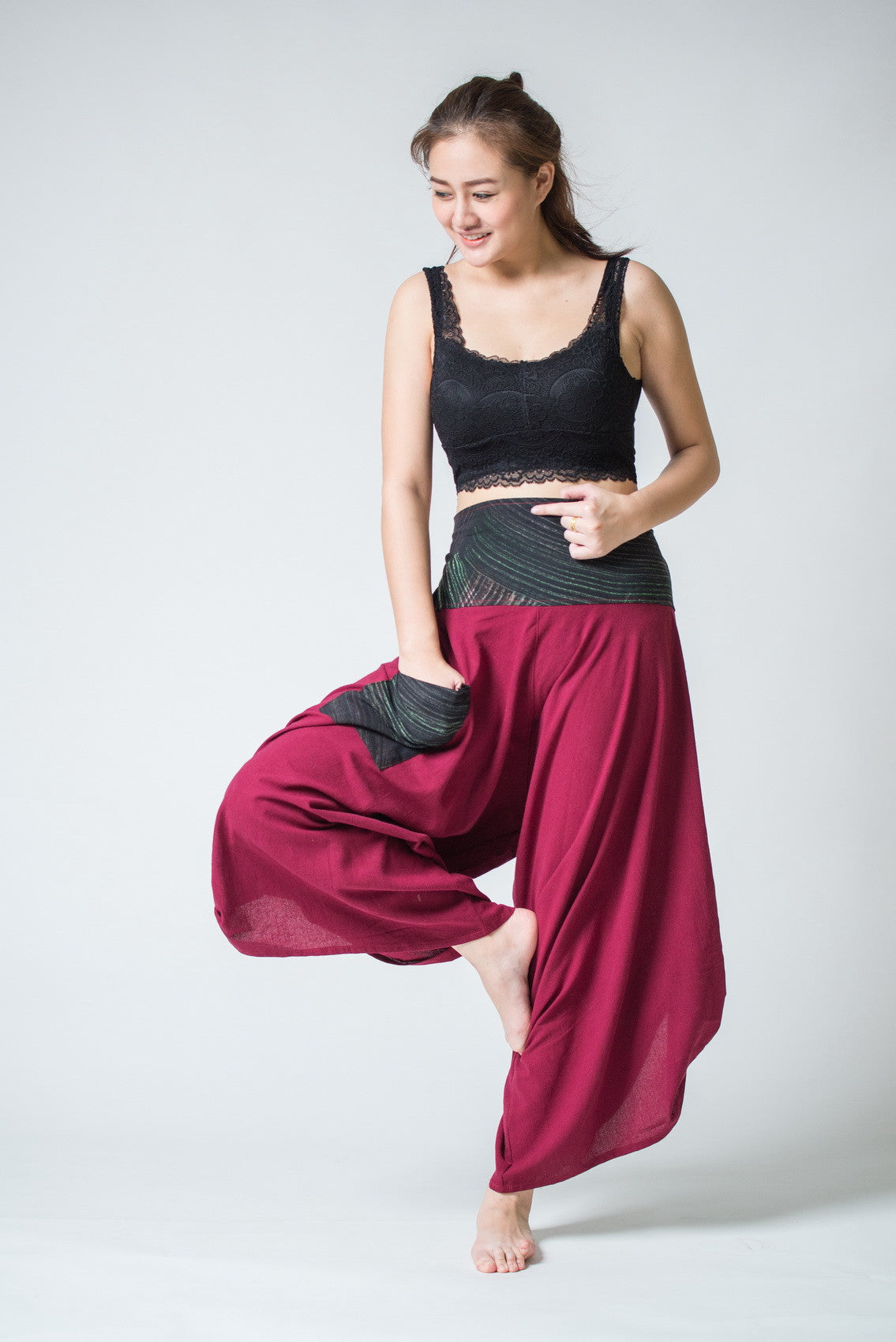 Women's Thai Button Up Cotton Pants with Hill Tribe Trim Red
