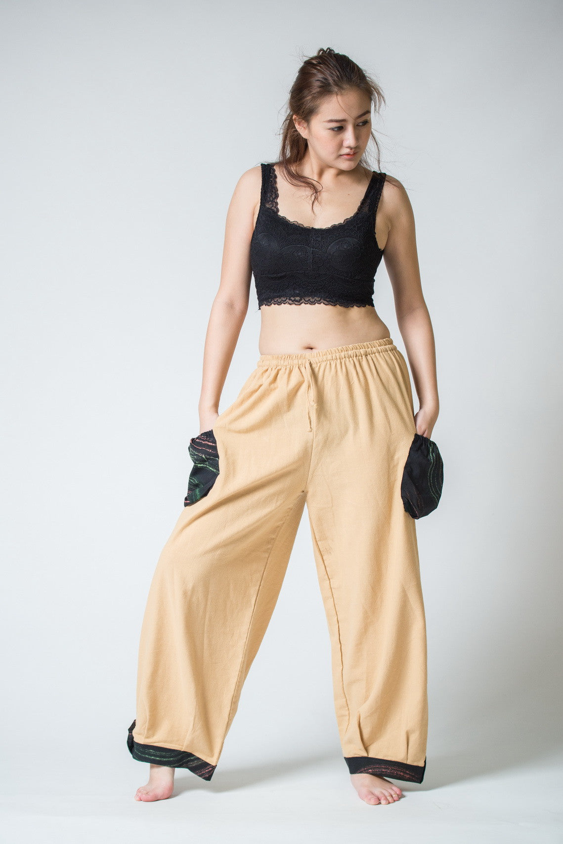 Thai Cotton Women Drawstring Pants With Hill Tribe Trim Cream