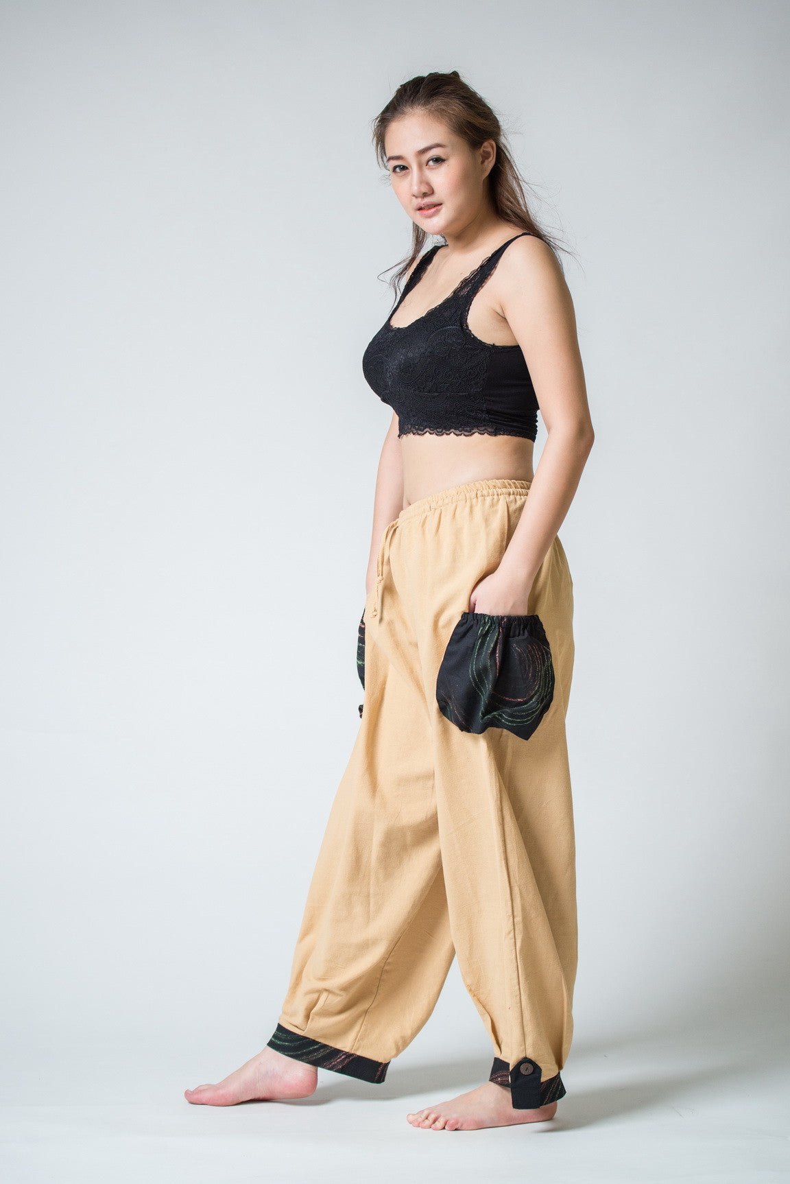 Thai Cotton Women Drawstring Pants With Hill Tribe Trim Cream