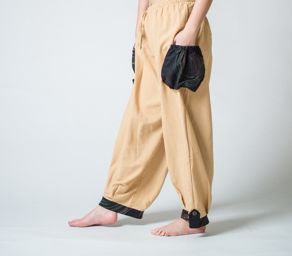 Thai Cotton Men Drawstring Pants With Hill Tribe Trim Cream