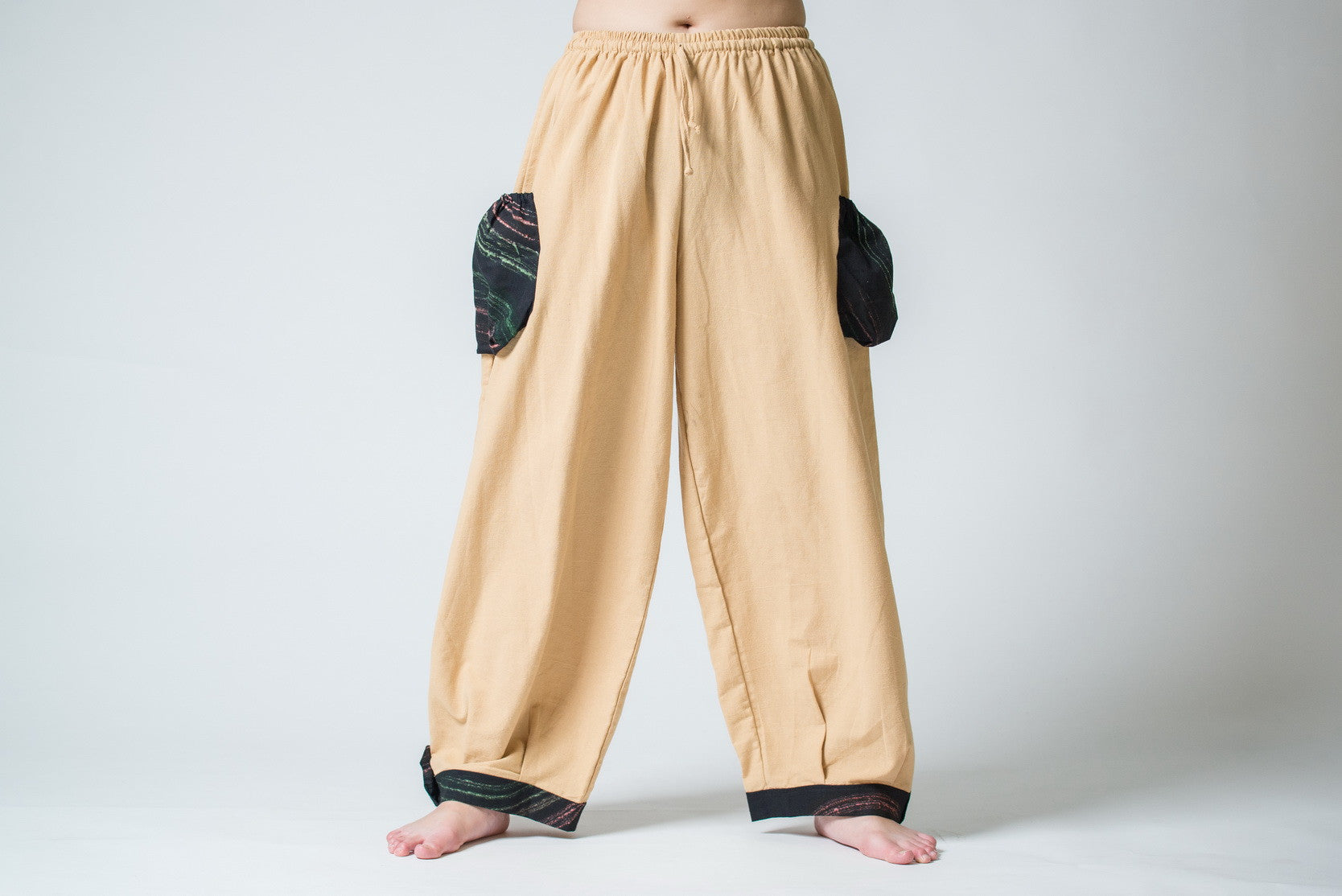 Thai Cotton Women Drawstring Pants With Hill Tribe Trim Cream