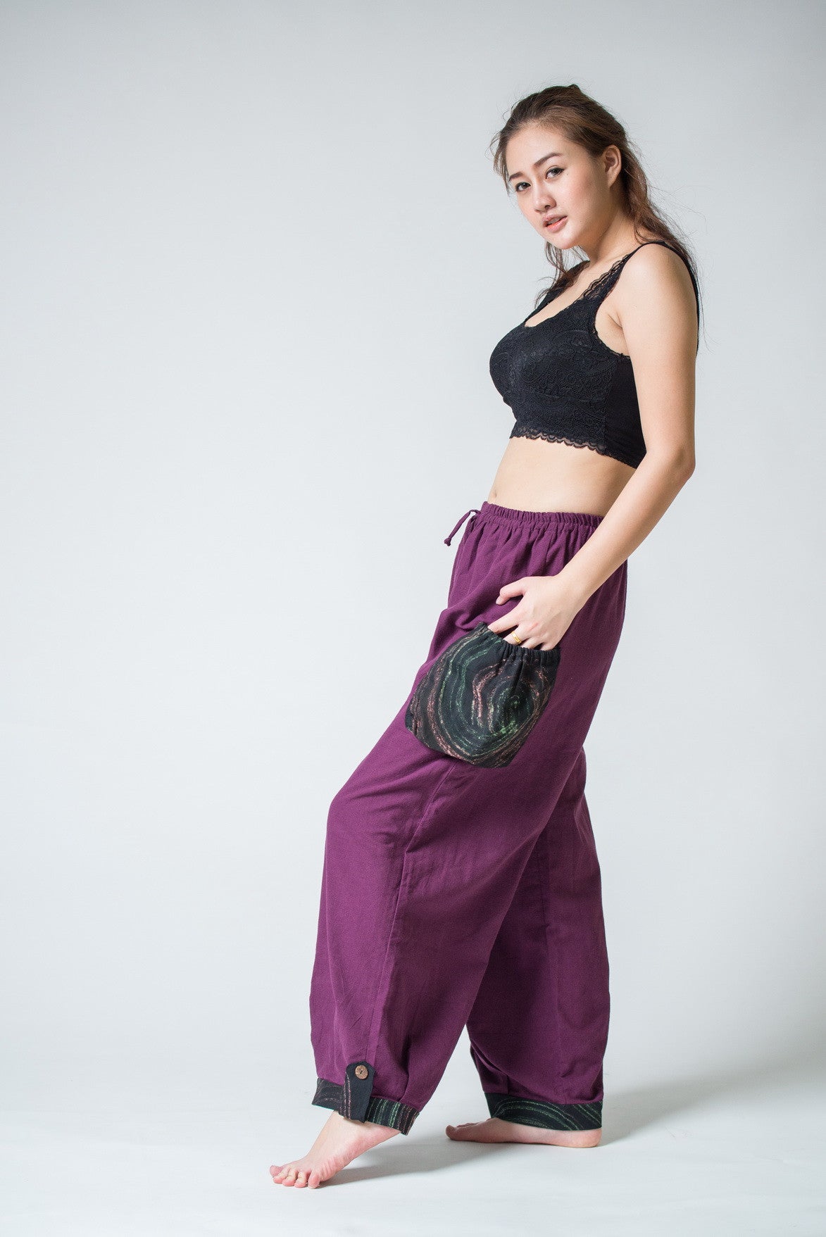 Thai Cotton Women Drawstring Pants With Hill Tribe Trim Purple