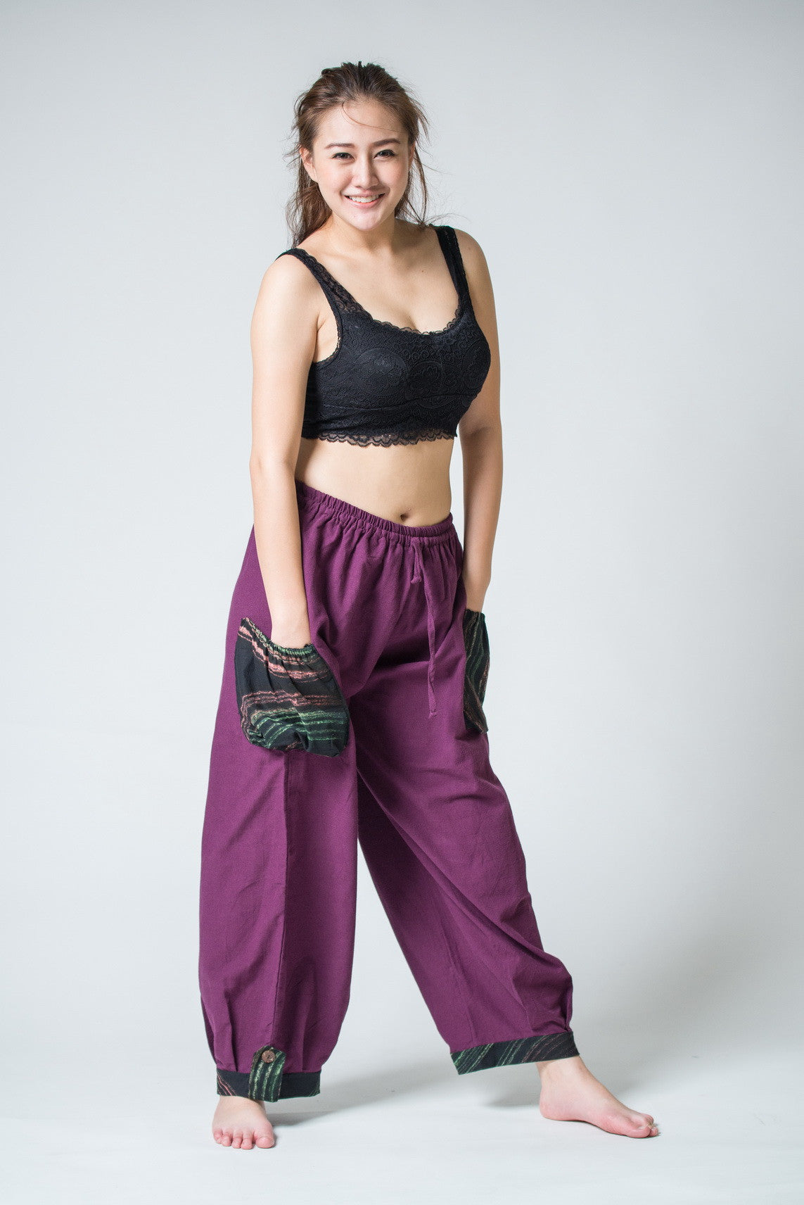Thai Cotton Women Drawstring Pants With Hill Tribe Trim Purple
