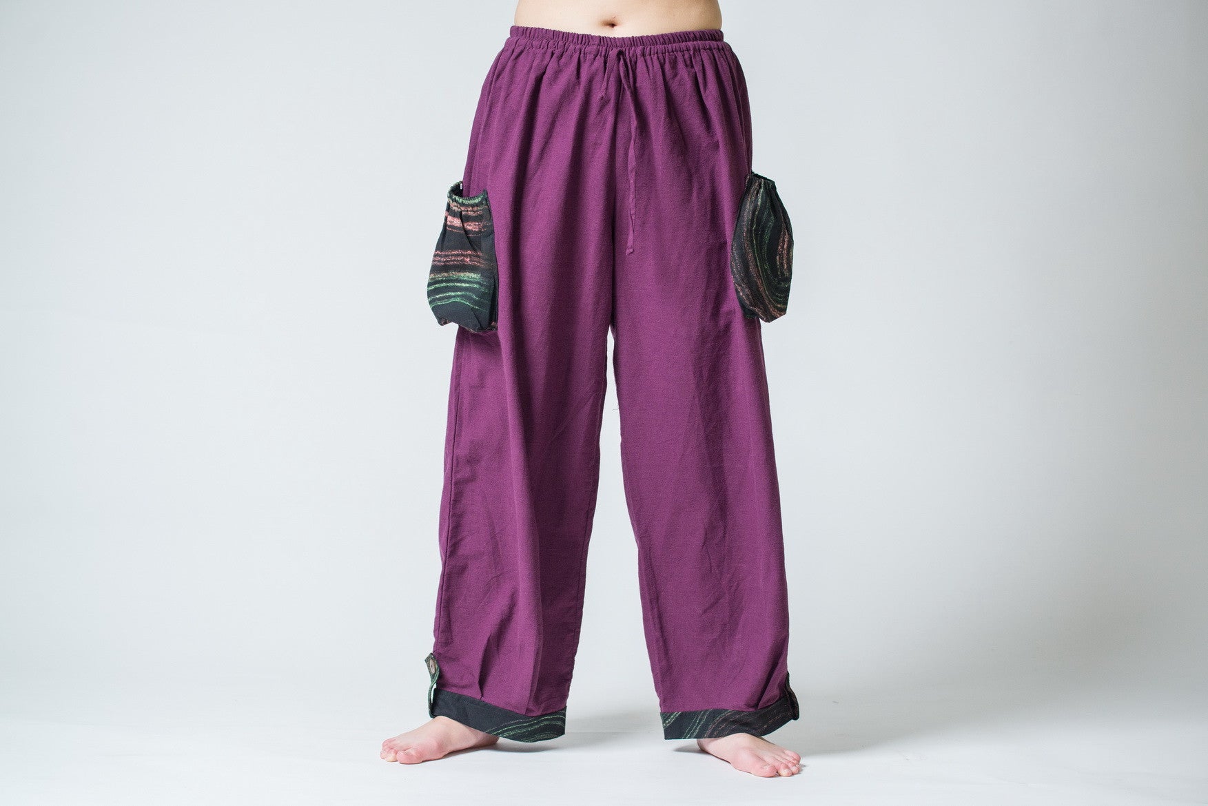 Thai Cotton Women Drawstring Pants With Hill Tribe Trim Purple