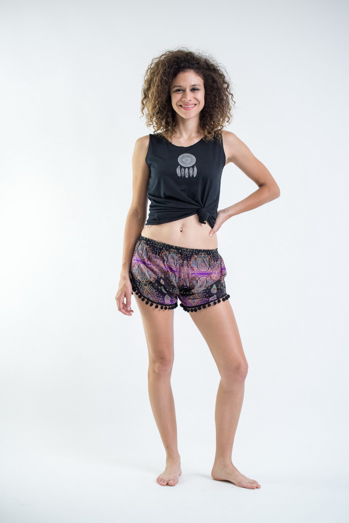 Paisley Pom Pom Shorts In Purple/Black