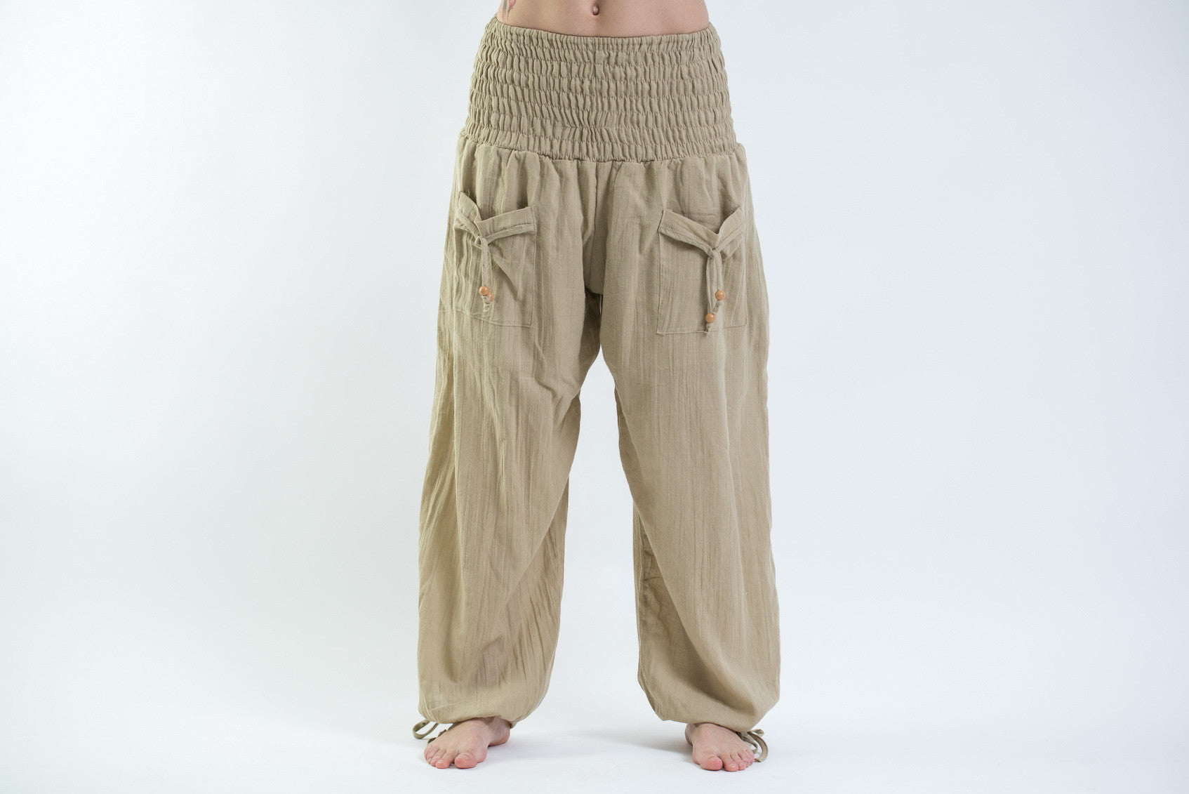 Women's Thai Smocked Waist Cotton Pants in Tan