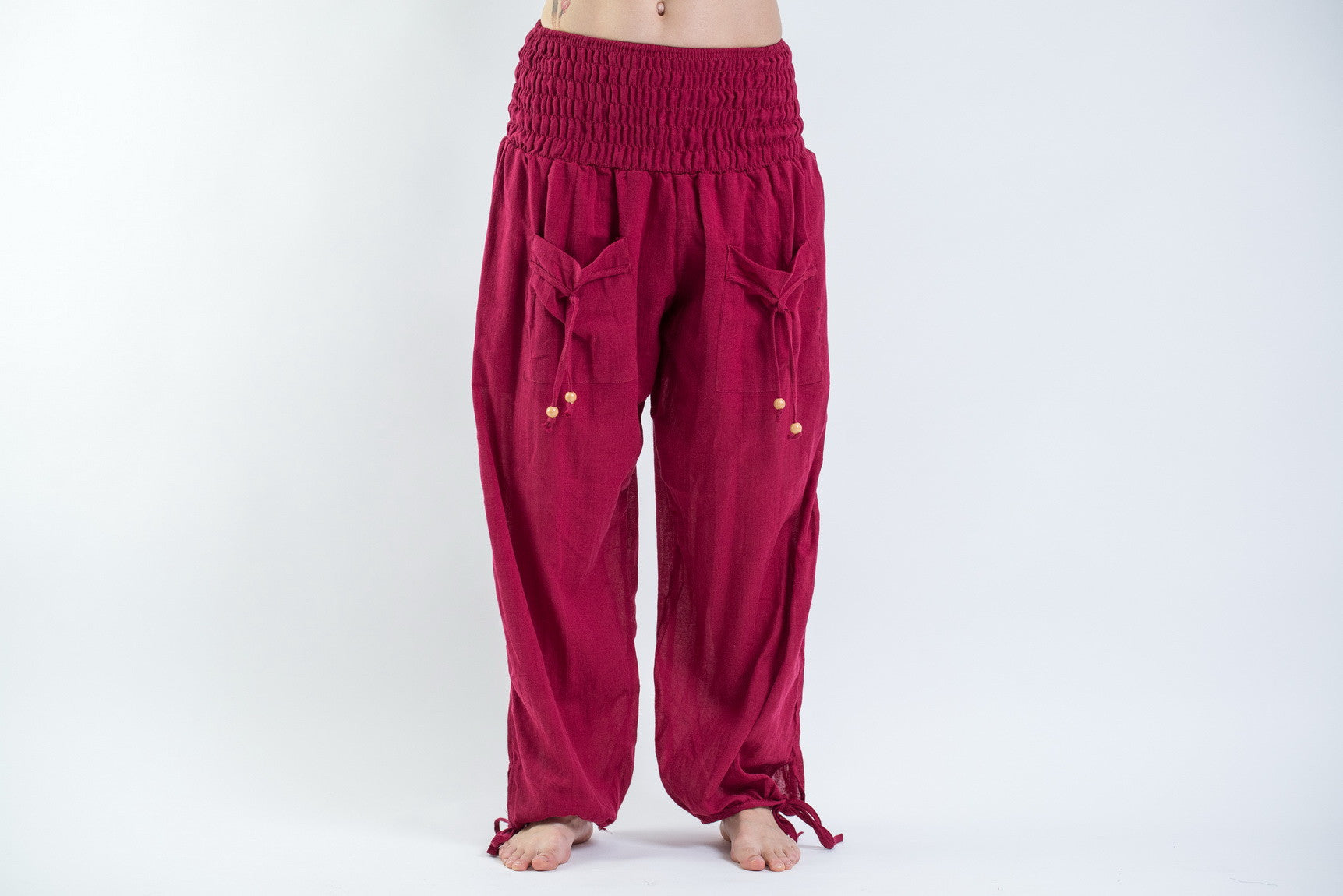 Women's Thai Smocked Waist Cotton Pants in Red