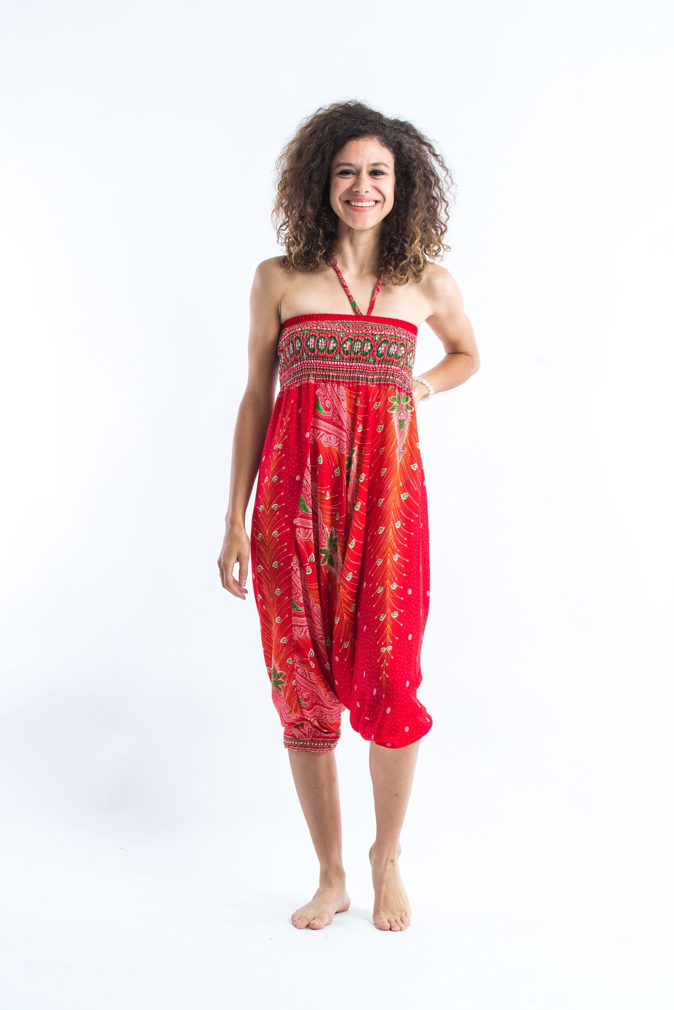 Peacock Feathers 2-in-1 Jumpsuit Harem Pants in Paradise Red