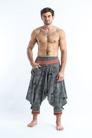 Swirls Prints Thai Hill Tribe Fabric Men's Harem Pants with Ankle Straps in Gray
