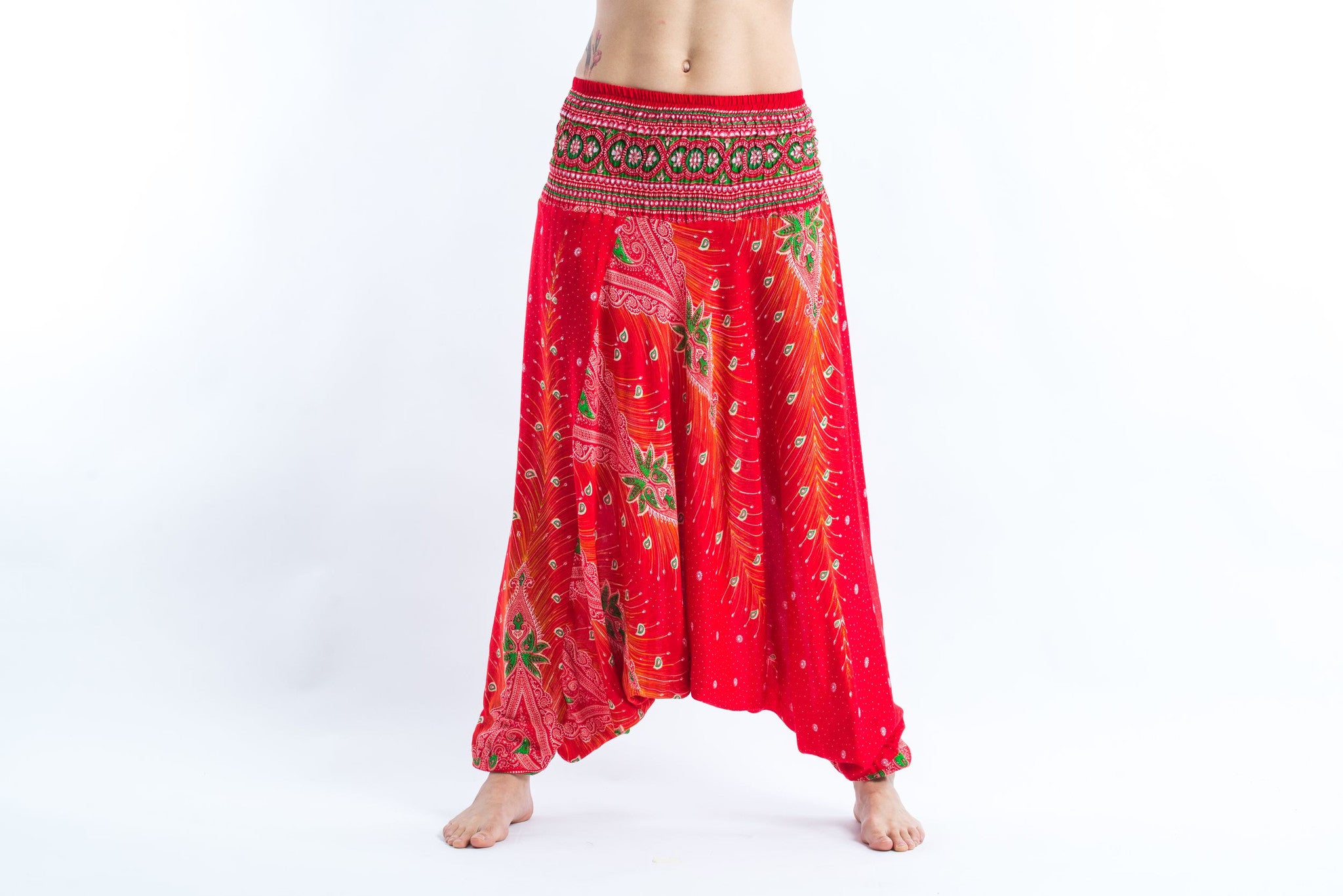 Peacock Feathers 2-in-1 Jumpsuit Harem Pants in Paradise Red