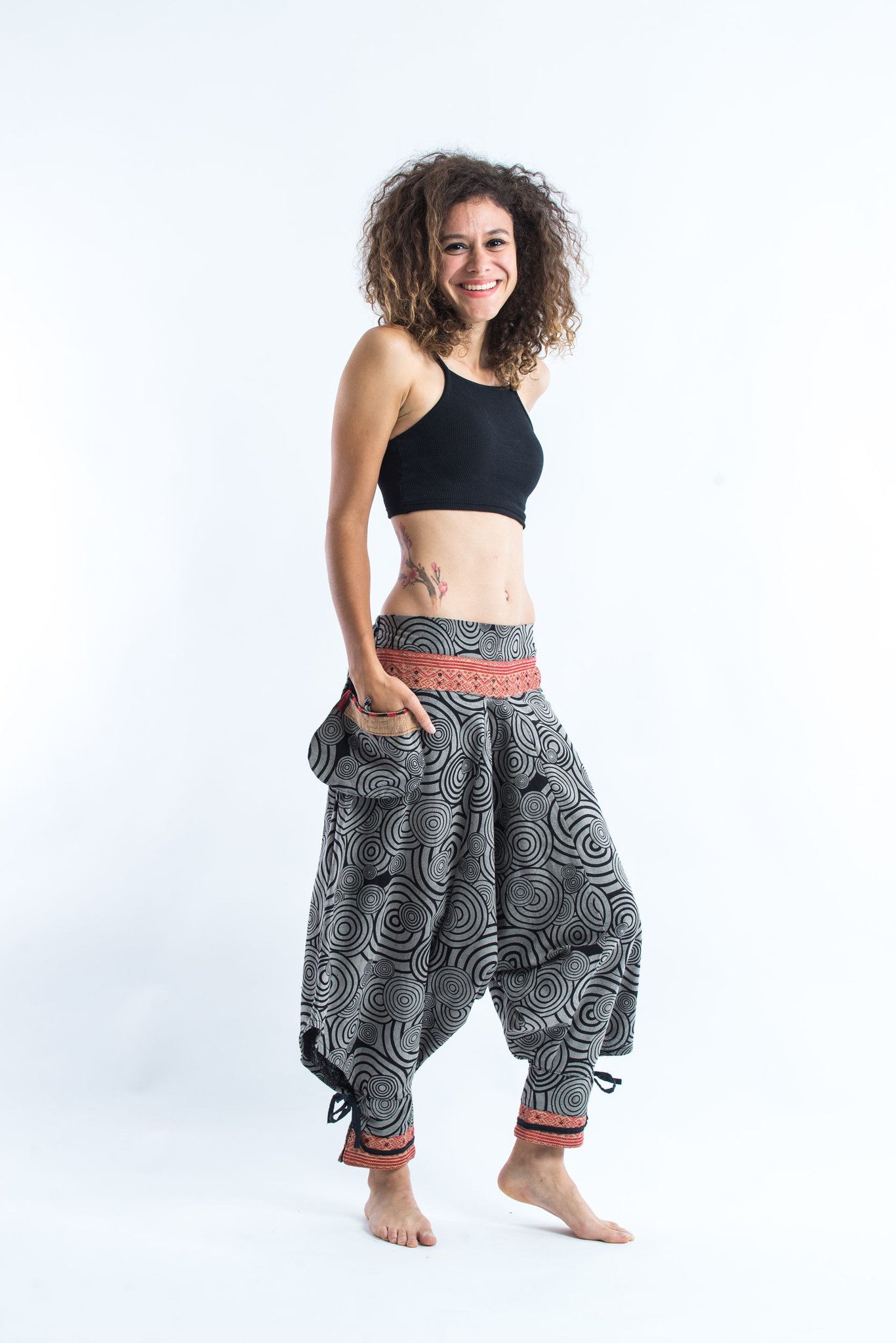 Swirls Prints Thai Hill Tribe Fabric Women's Harem Pants with Ankle Straps in Gray