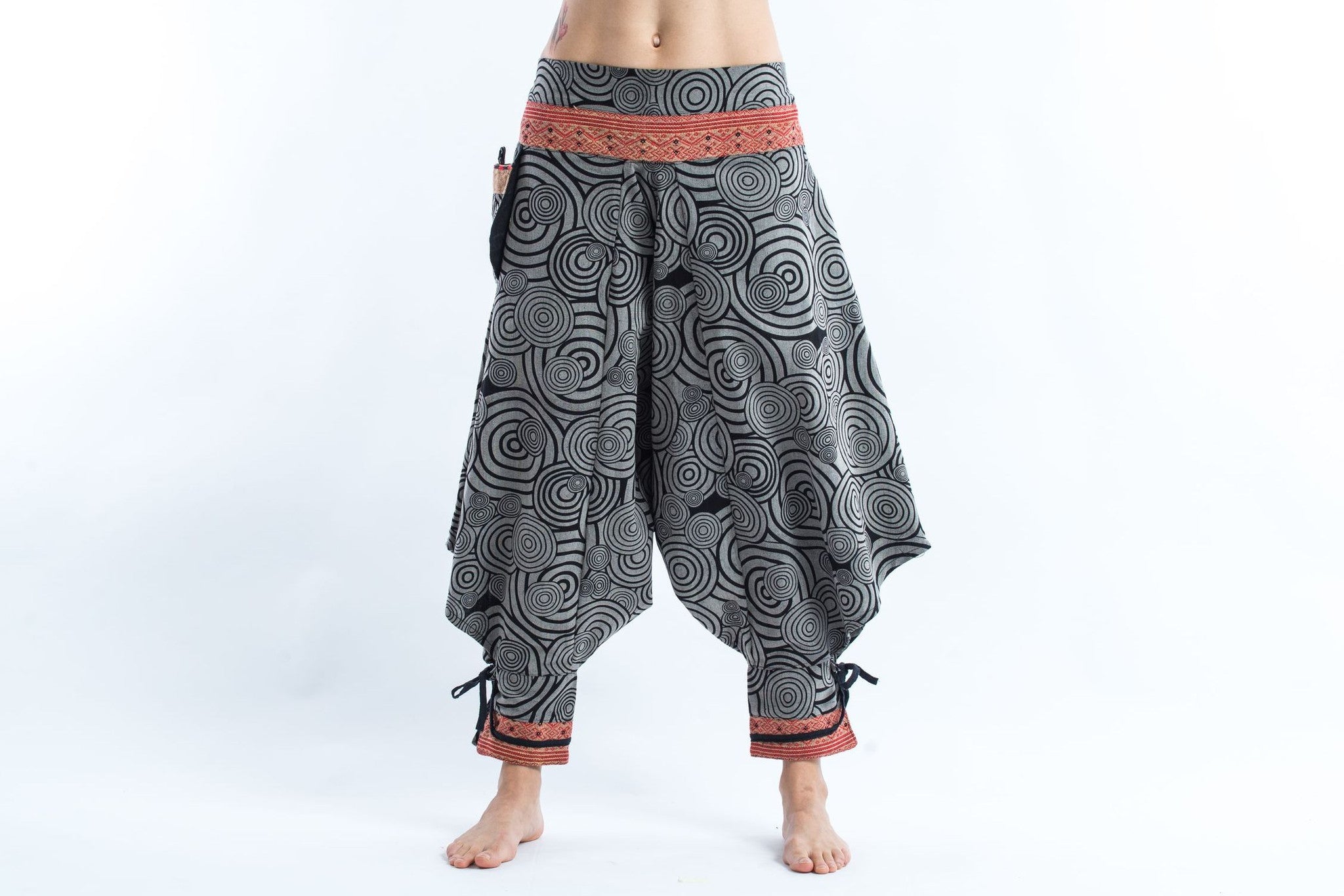 Swirls Prints Thai Hill Tribe Fabric Women's Harem Pants with Ankle Straps in Gray