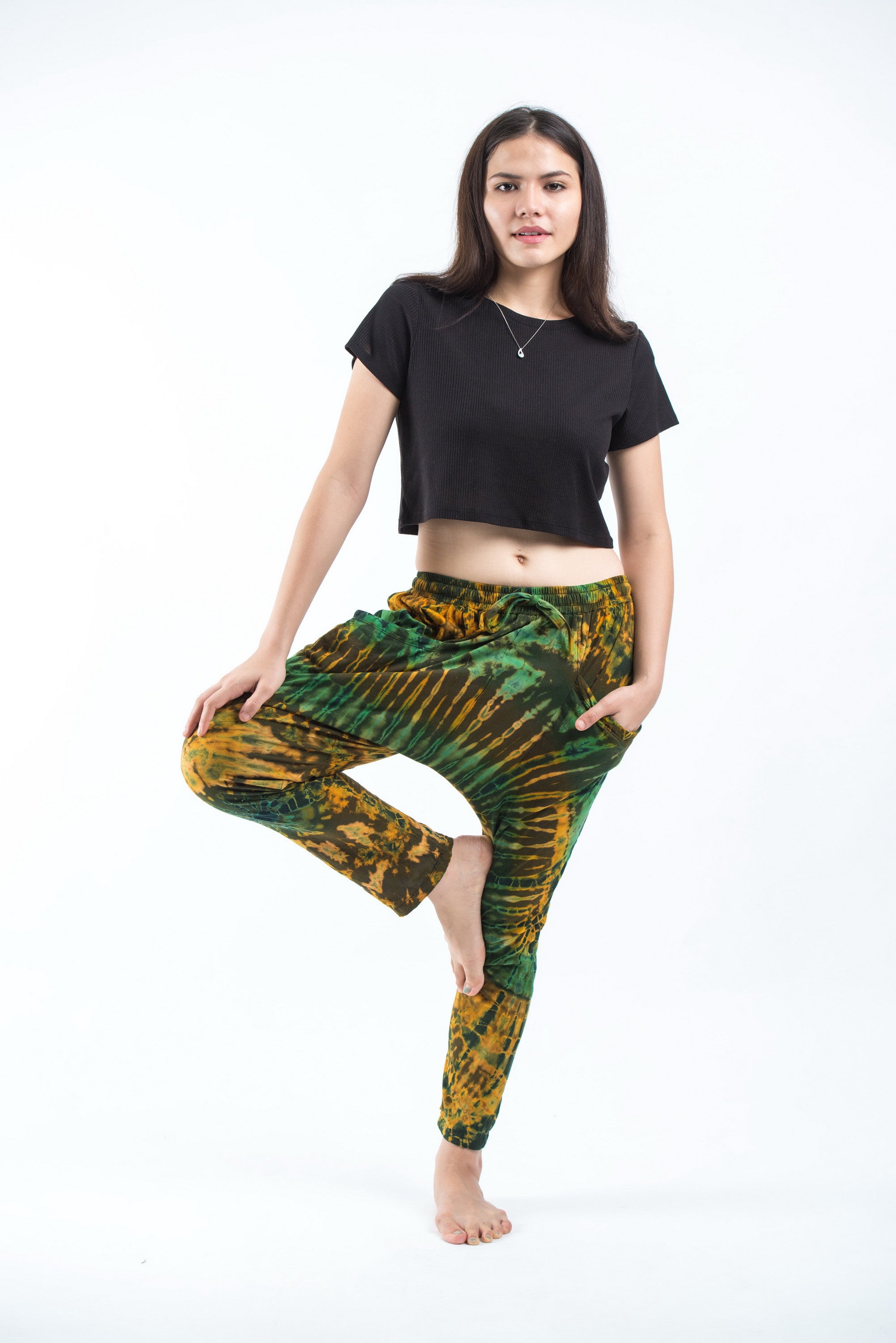 Tie Dye Cotton Women Harem Pants in Yellow Green