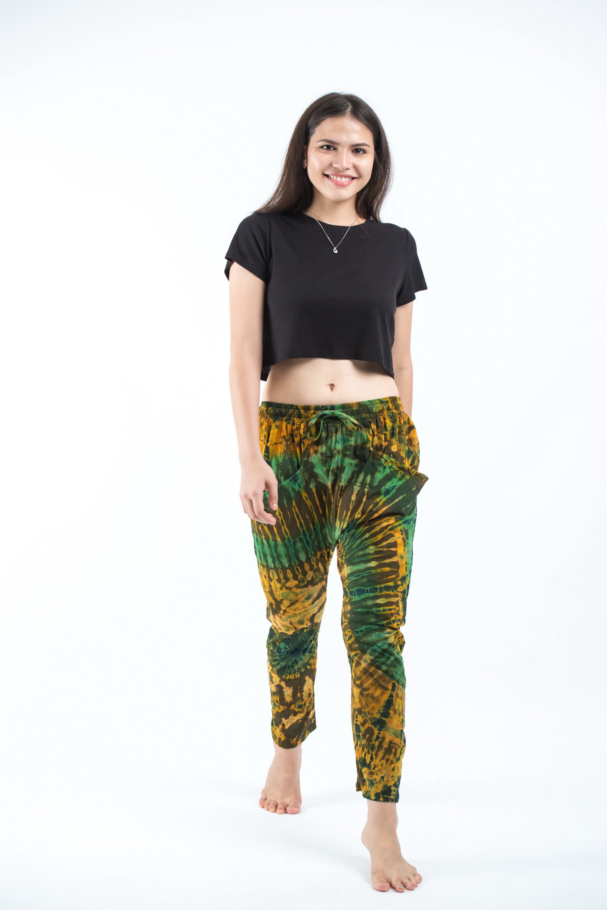 Tie Dye Cotton Women Harem Pants in Yellow Green