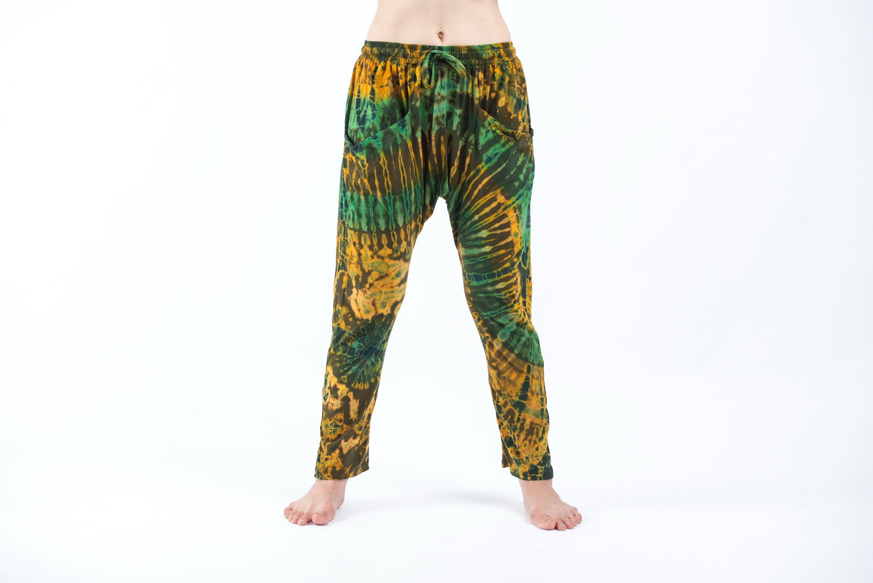 Tie Dye Cotton Women Harem Pants in Yellow Green