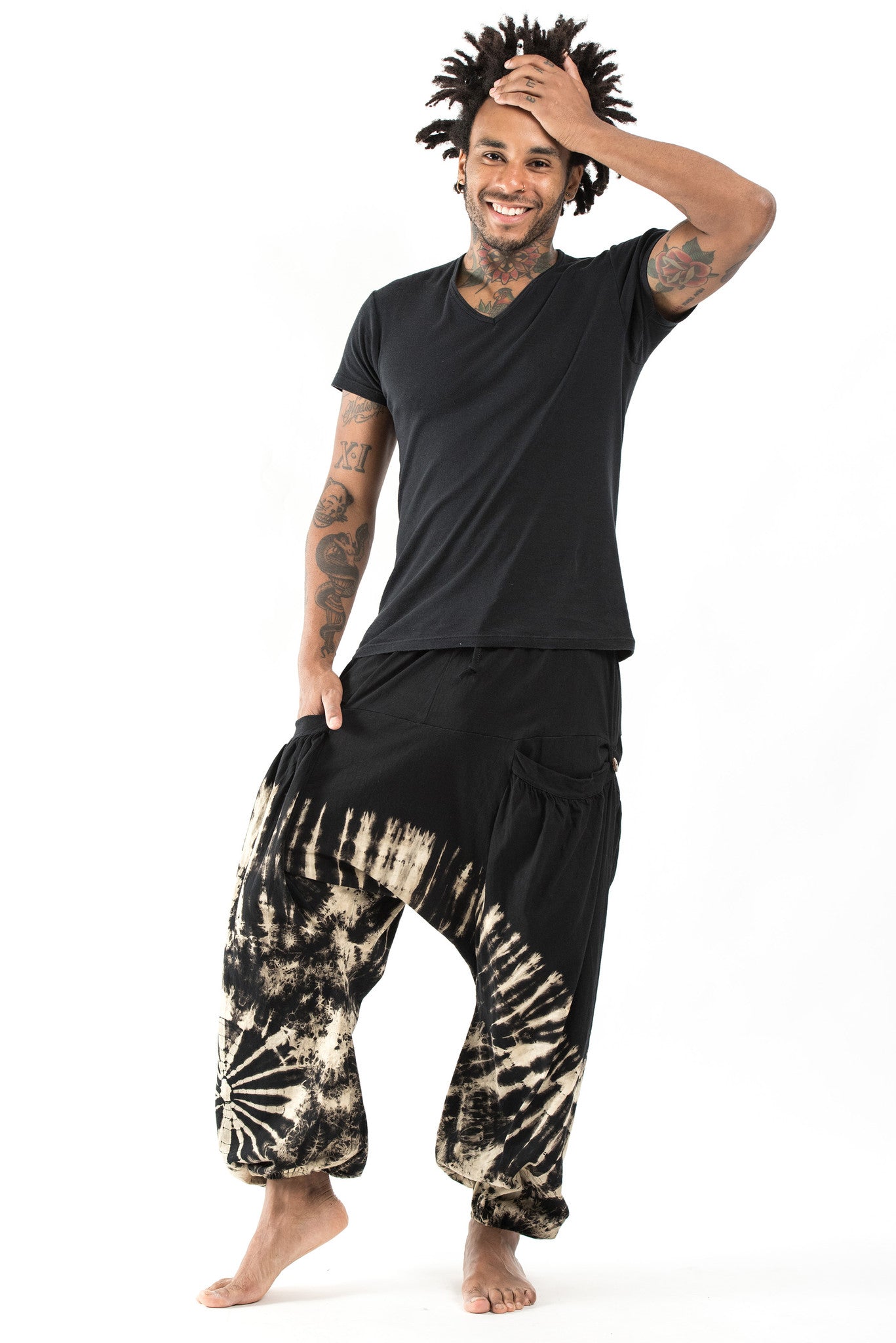Tie Dye Cotton Men Harem Pants in Black