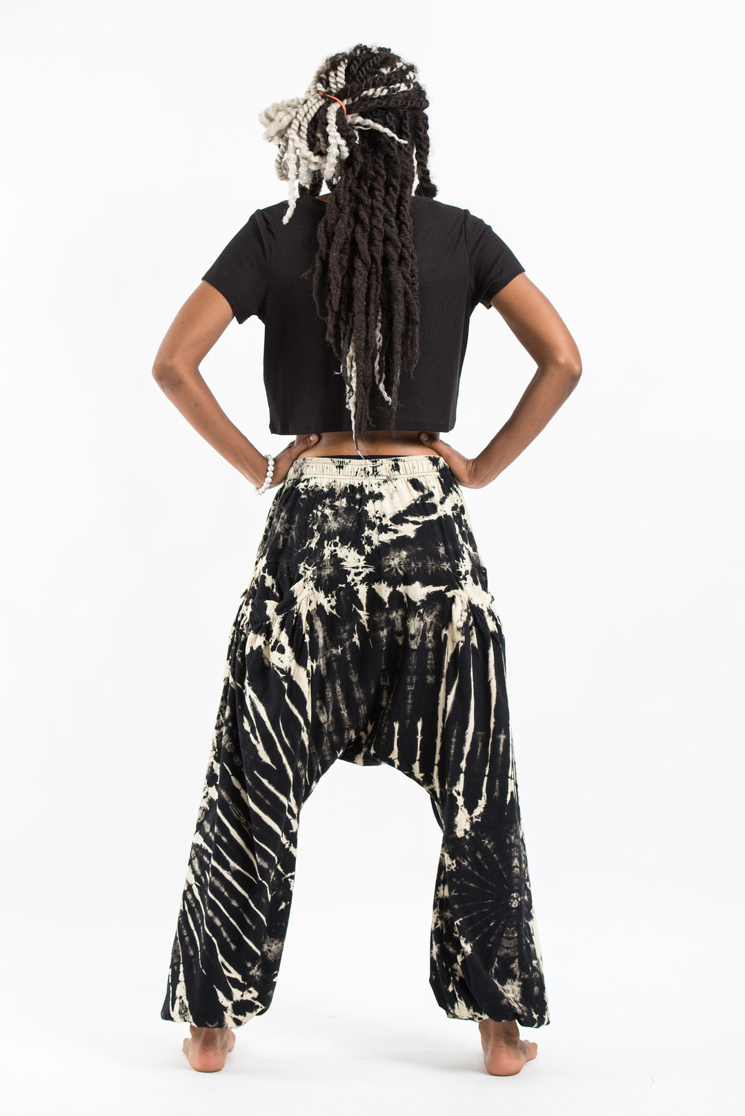 Pure Cotton White Lines Spots Tie-Dye Pattern Women's Elastic Waist Harem Pants