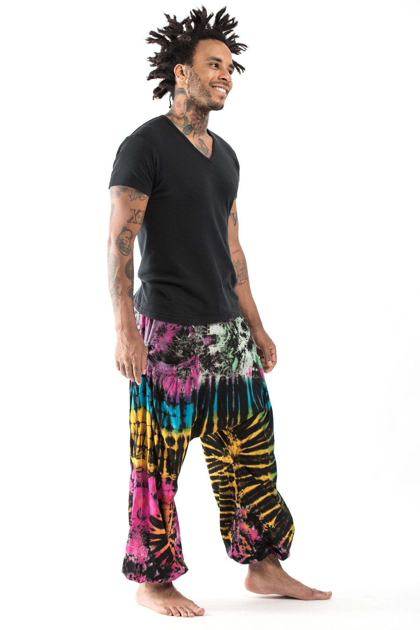Tie Dye Cotton Men Harem Pants in Festival Black