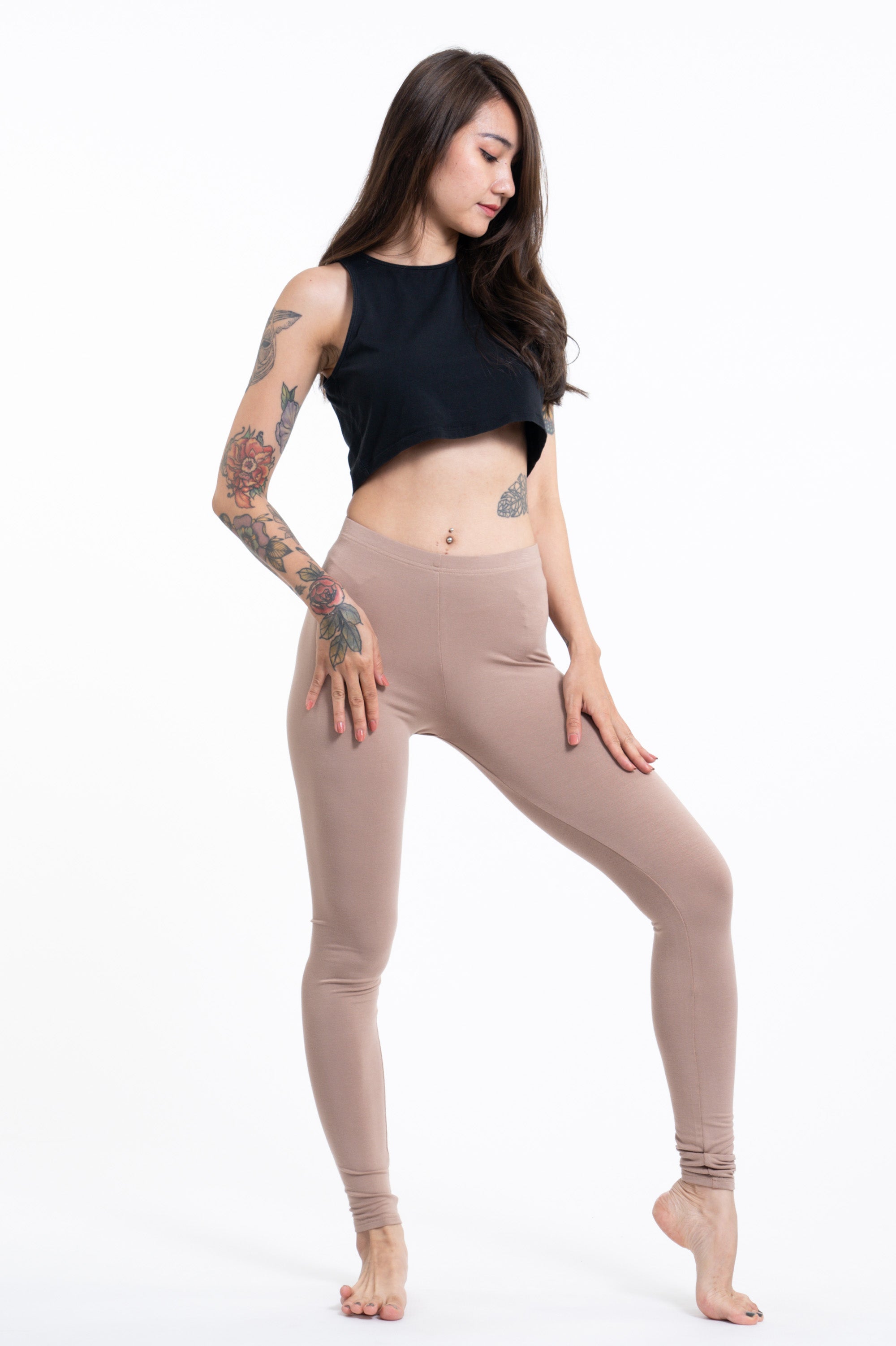 Solid Color Cotton Leggings in Beige Harem Pants
