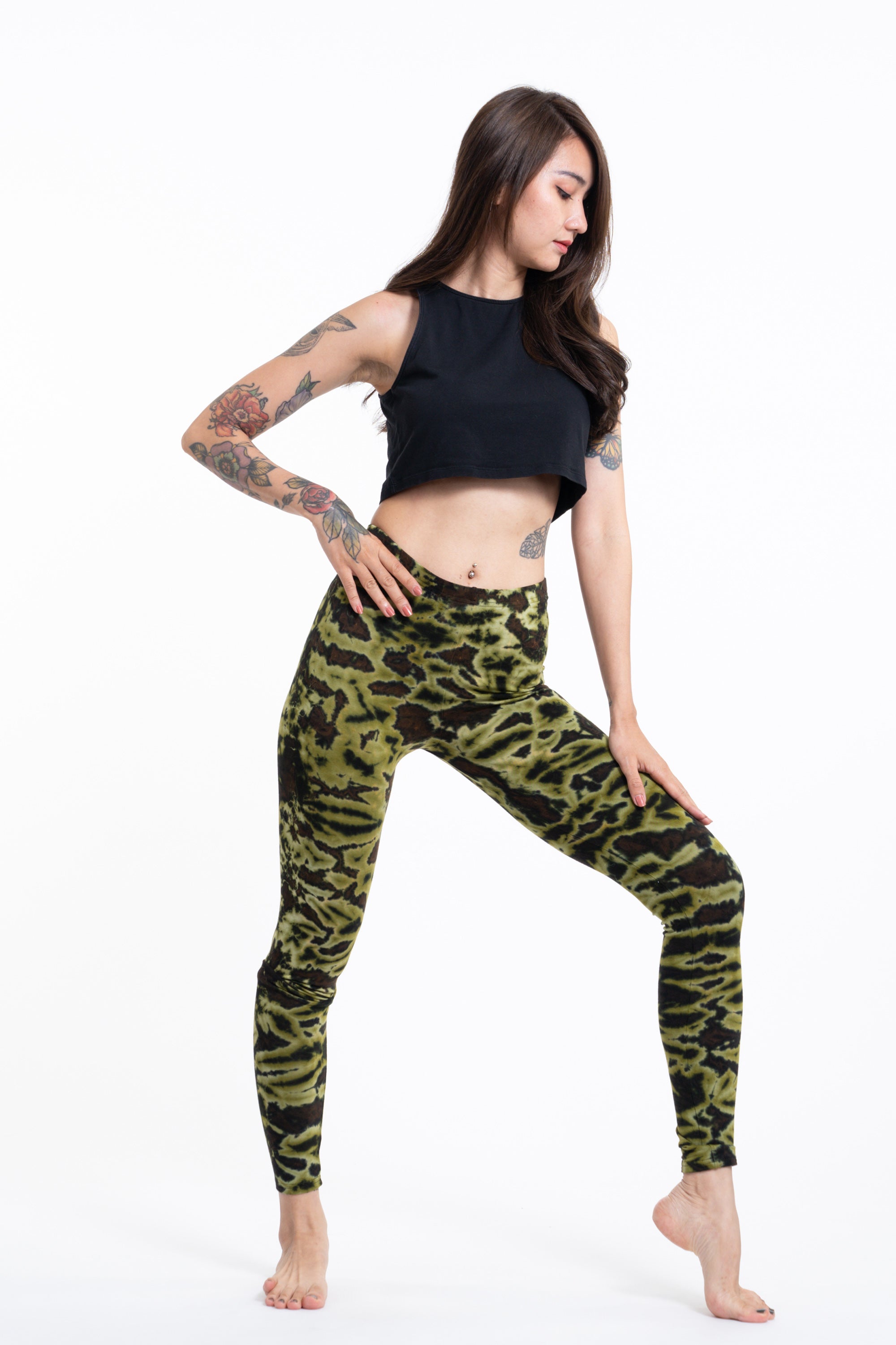 Marble Tie Dye Cotton Leggings in Olive